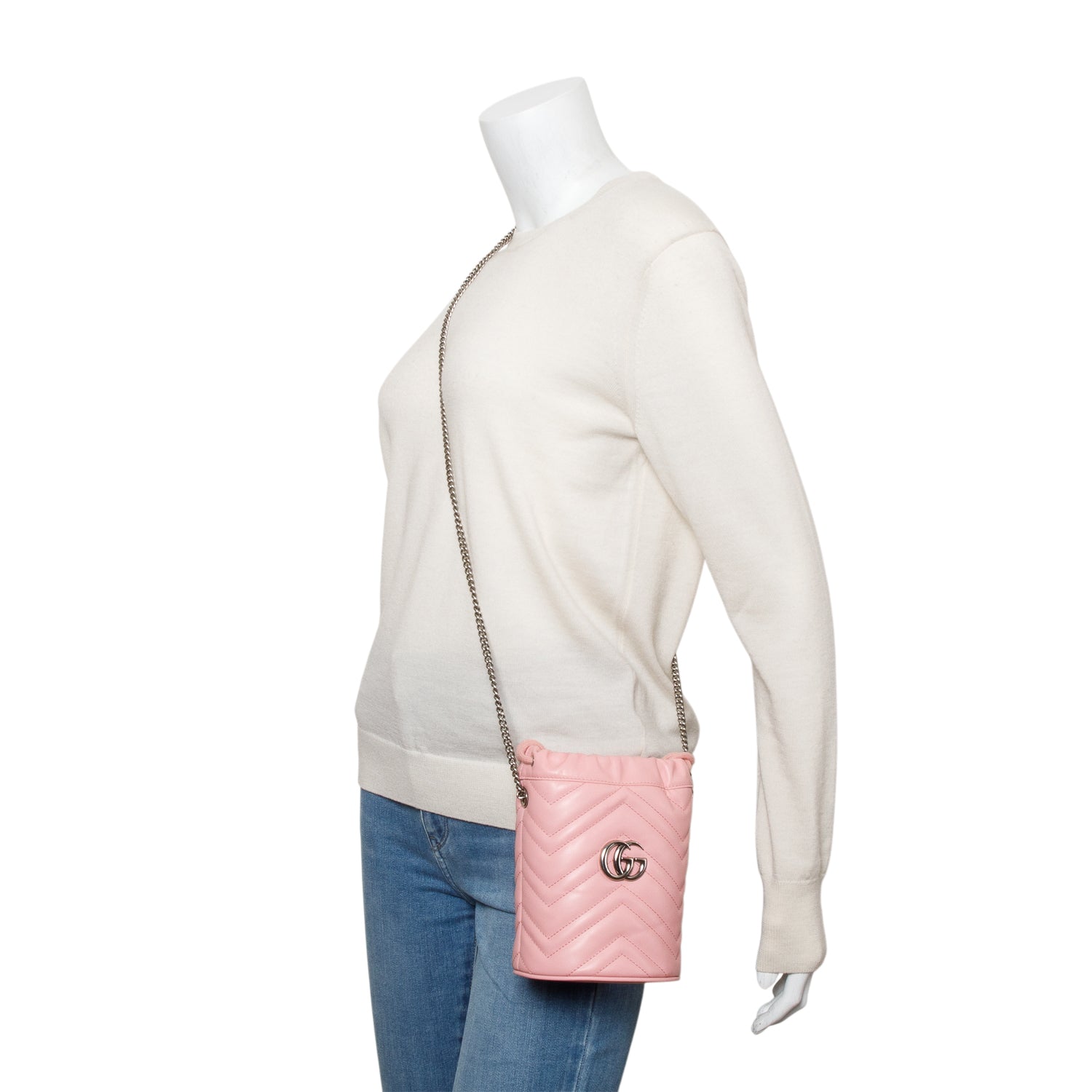 Gucci Pink Calfskin Leather GG Marmont Mini Bucket Bag w/ Box