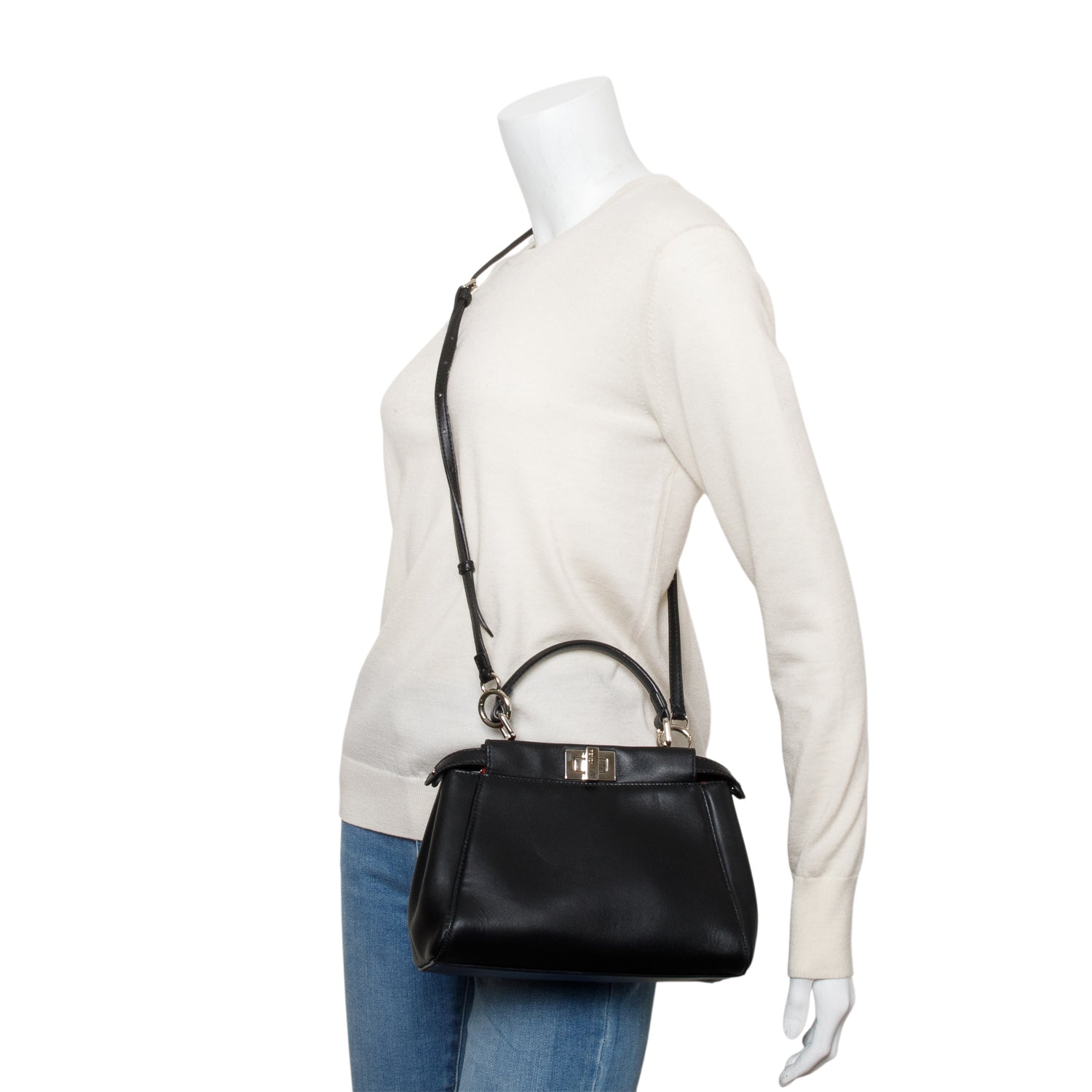 Fendi Black Calfskin Leather Mini Peekaboo Bag w/ Strap