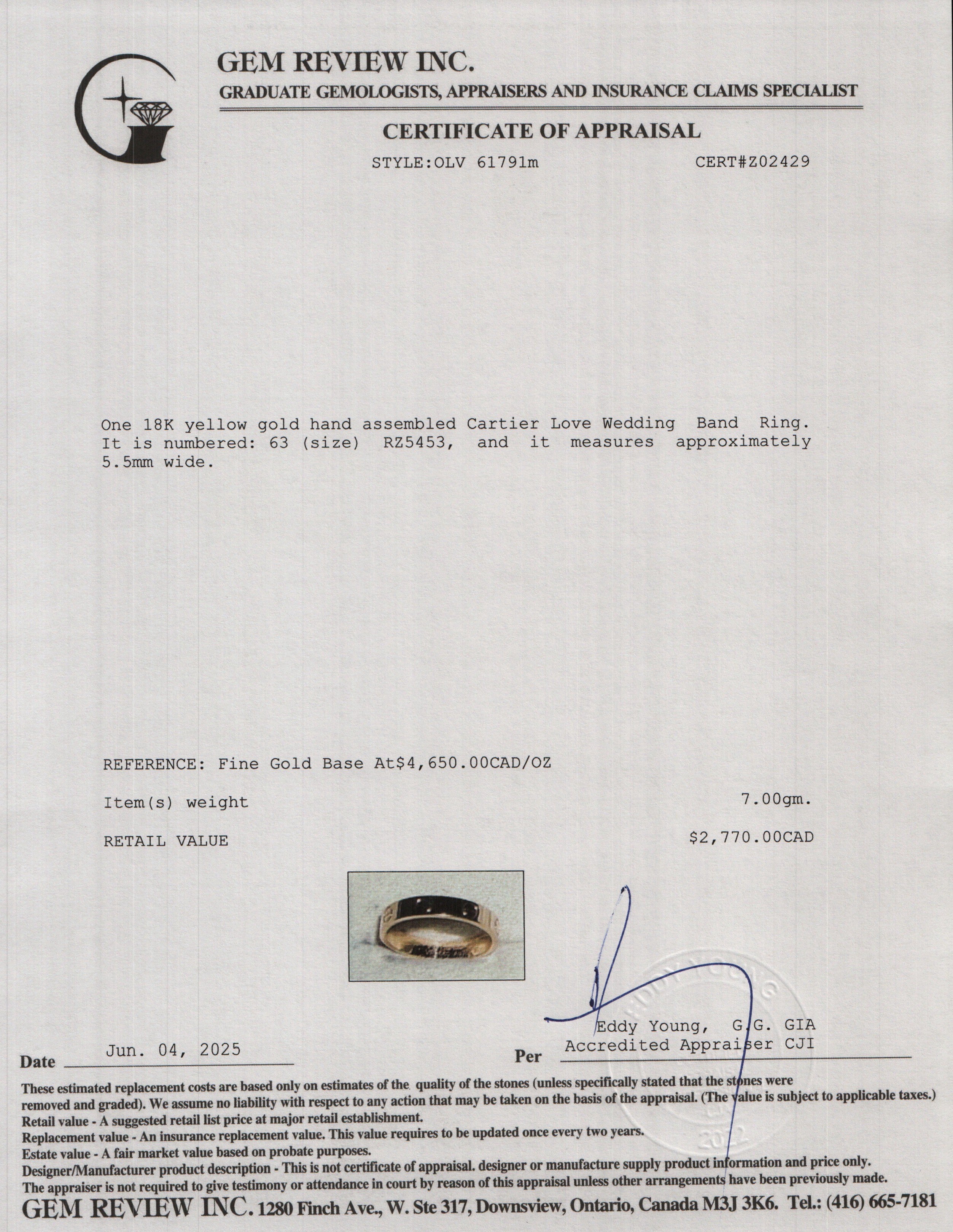 Cartier 18k Yellow Gold 5.5 MM Love Ring, Size 63 10.5 w/ Box & Certificate