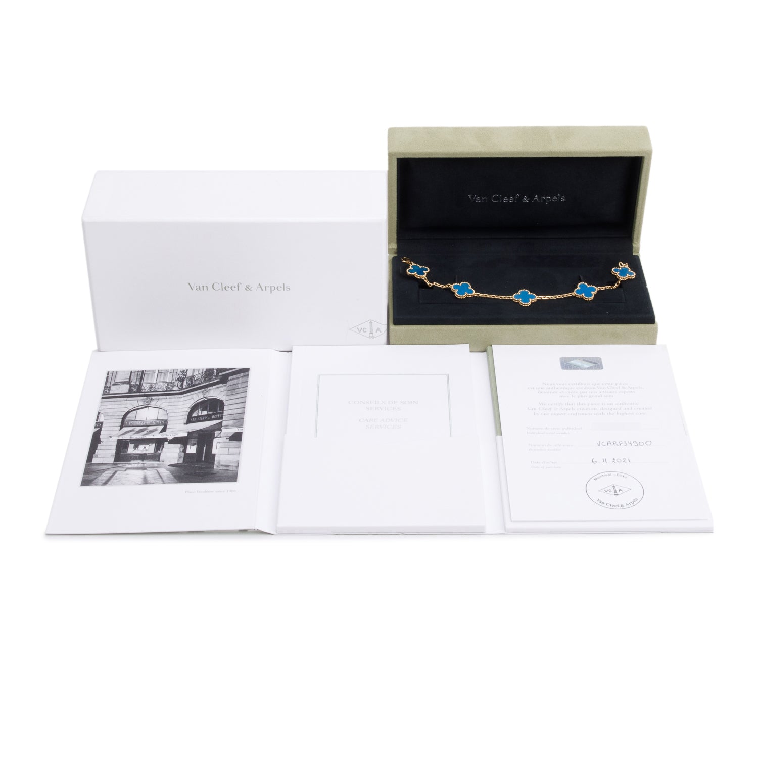 Van Cleef & Arpels 18k Yellow Gold Vintage Alhambra 5 Motif Blue Agate Bracelet w/ Box & Certificate
