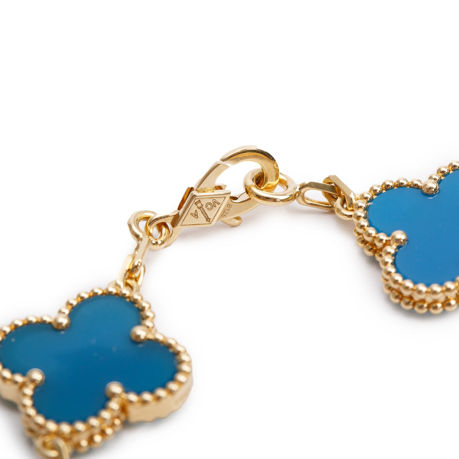 Van Cleef & Arpels 18k Yellow Gold Vintage Alhambra 5 Motif Blue Agate Bracelet w/ Box & Certificate