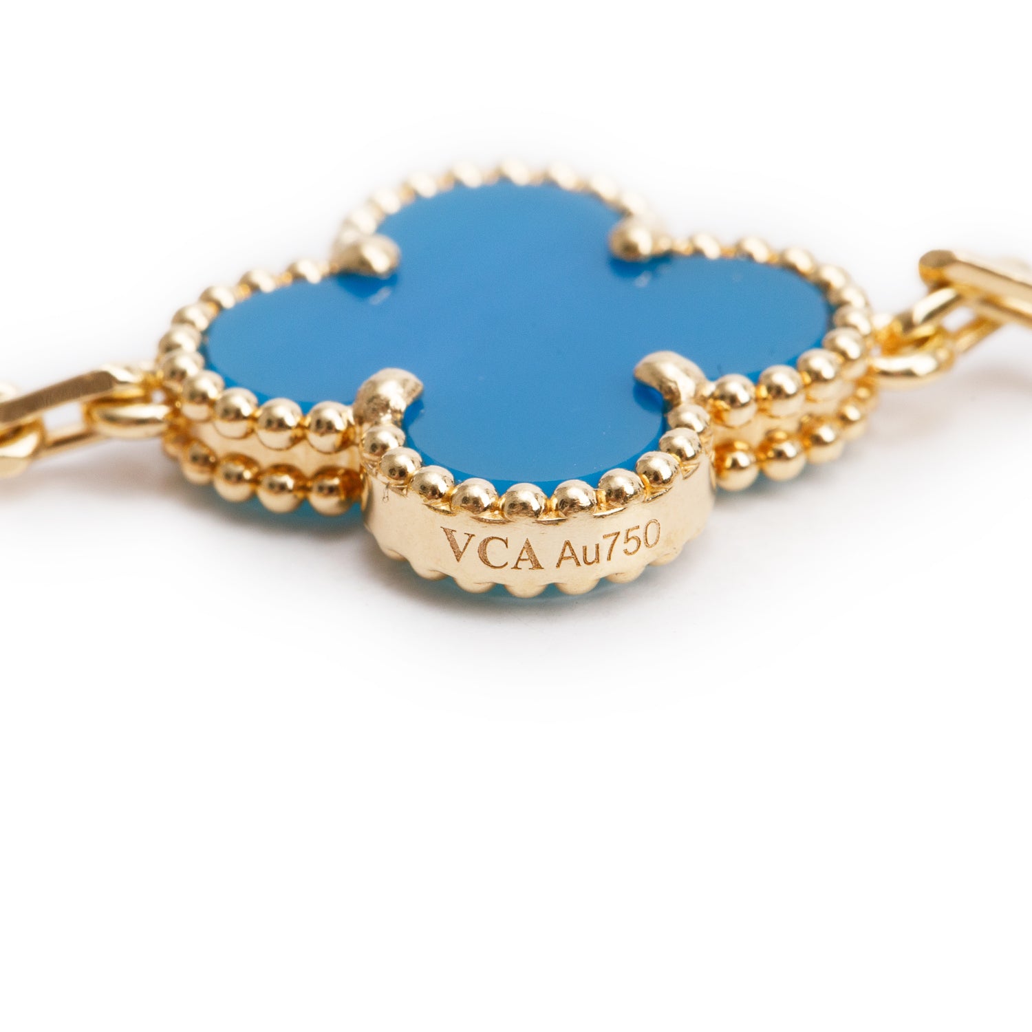 Van Cleef & Arpels 18k Yellow Gold Vintage Alhambra 5 Motif Blue Agate Bracelet w/ Box & Certificate
