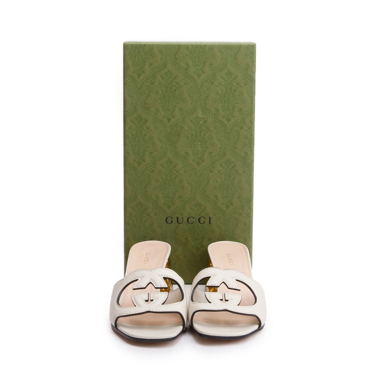 Gucci White Leather Interlocking G Cutout Slide Sandals, Size 38 w/ Box