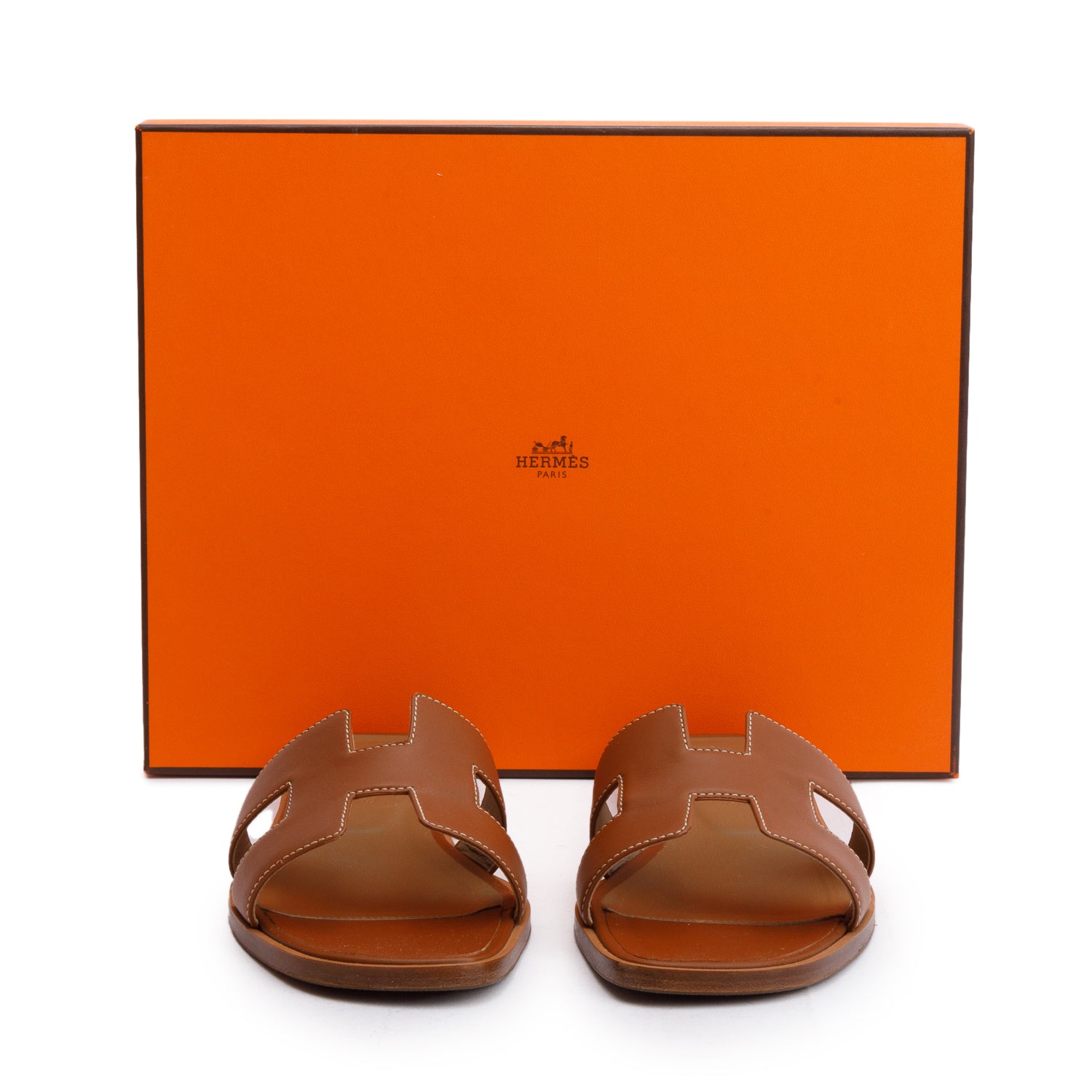 Hermes Gold Box Leather Oran Sandals, Size 38 w/ Box
