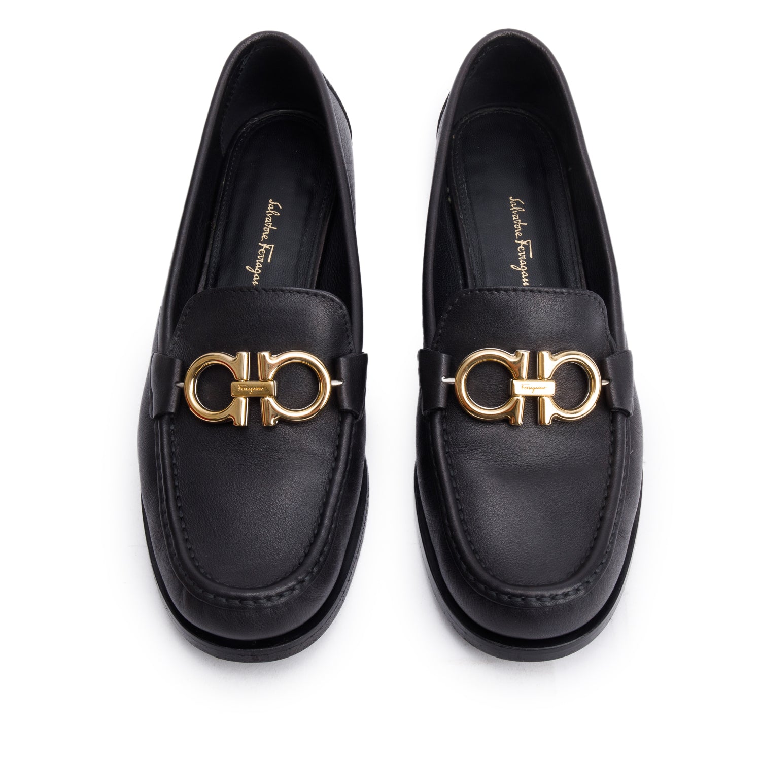 Salvatore Ferragamo Black Leather Gancini Moccasin, Size 7 w/ Box
