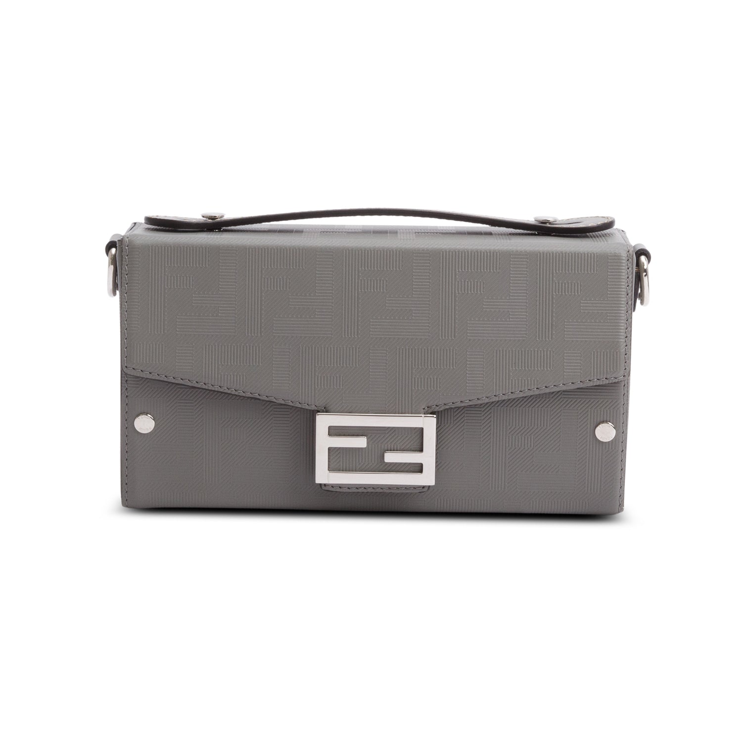 Fendi Grey Vitello King FF Lines Embossed Leather Soft Trunk Baguette w/ Strap