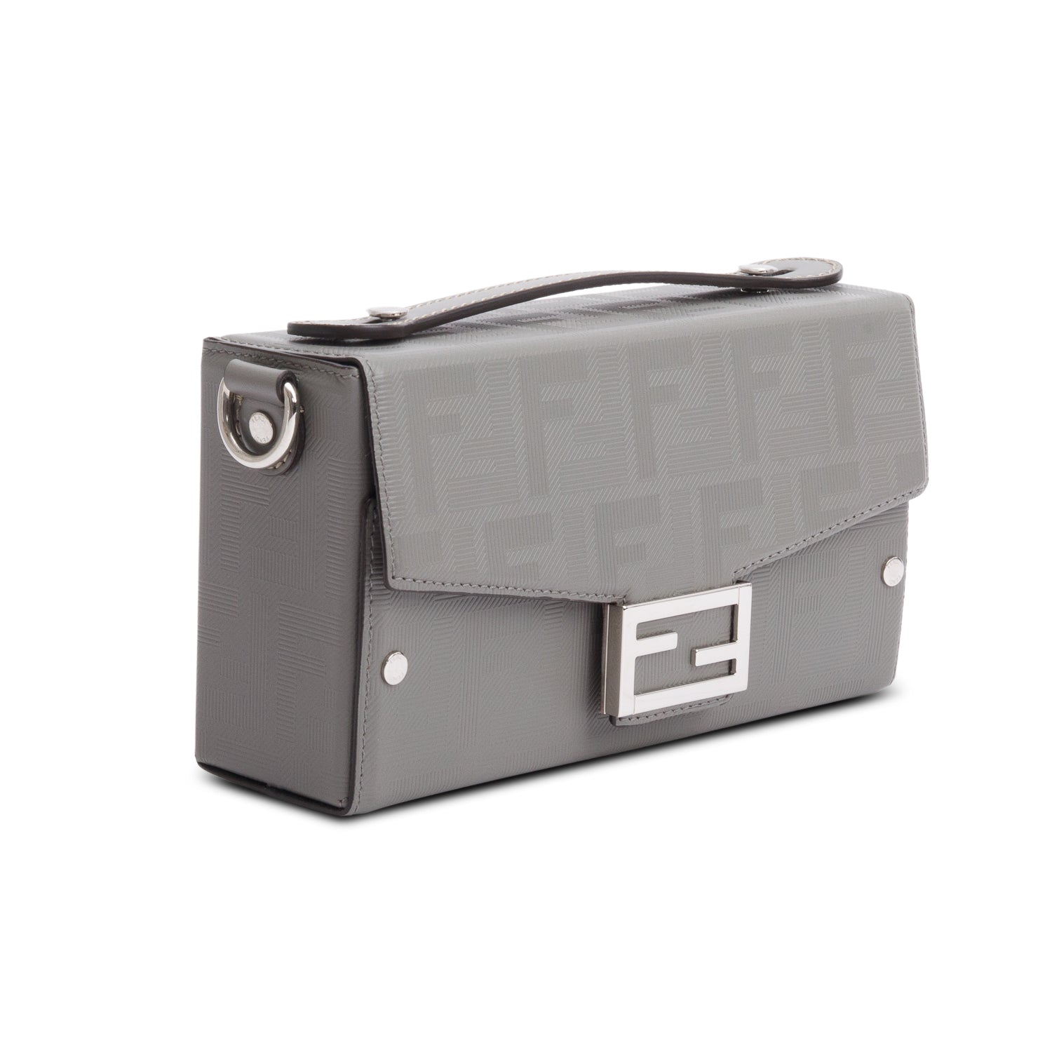 Fendi Grey Vitello King FF Lines Embossed Leather Soft Trunk Baguette w/ Strap