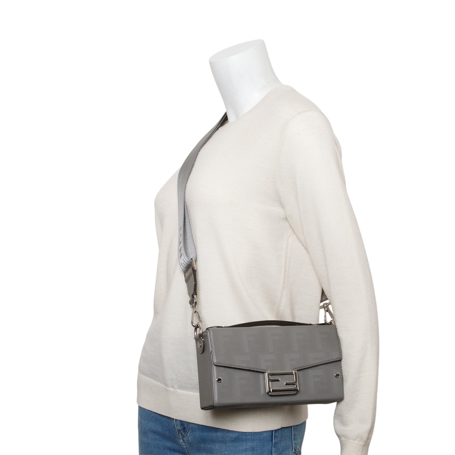 Fendi Grey Vitello King FF Lines Embossed Leather Soft Trunk Baguette w/ Strap