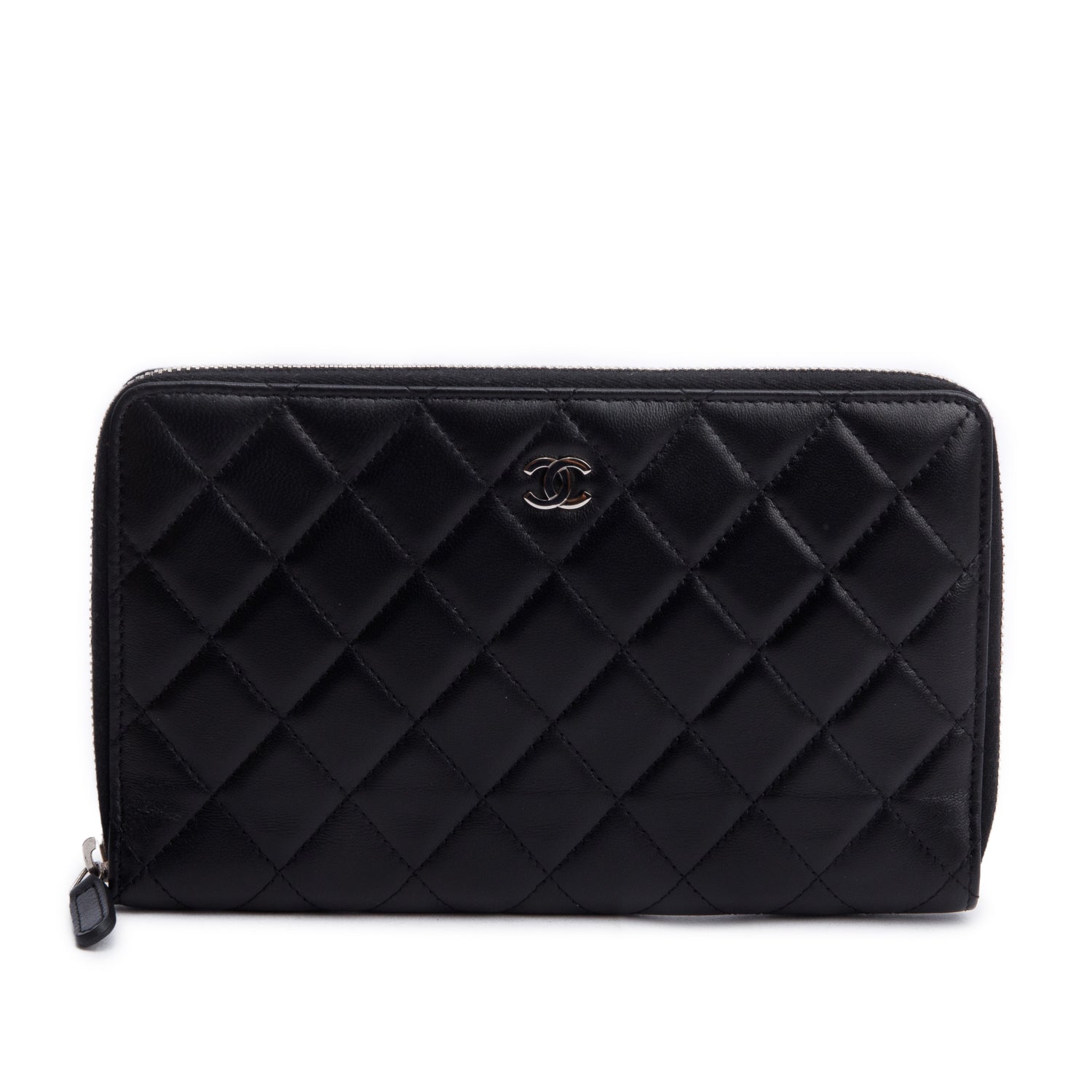 Chanel Black Lambskin Leather Large Zip Around Organizer Wallet w/ Box & Authenticity Card