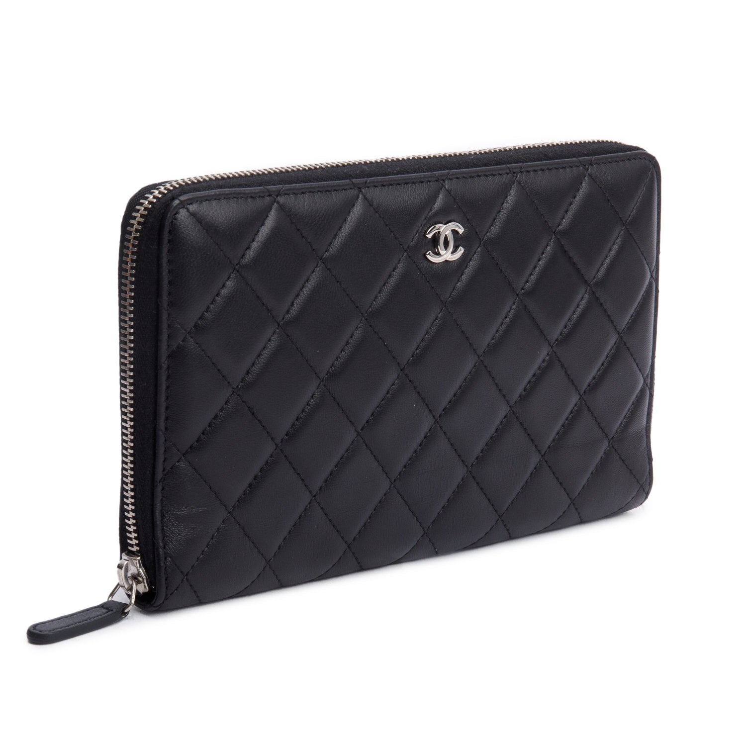 Chanel Black Lambskin Leather Large Zip Around Organizer Wallet w/ Box & Authenticity Card