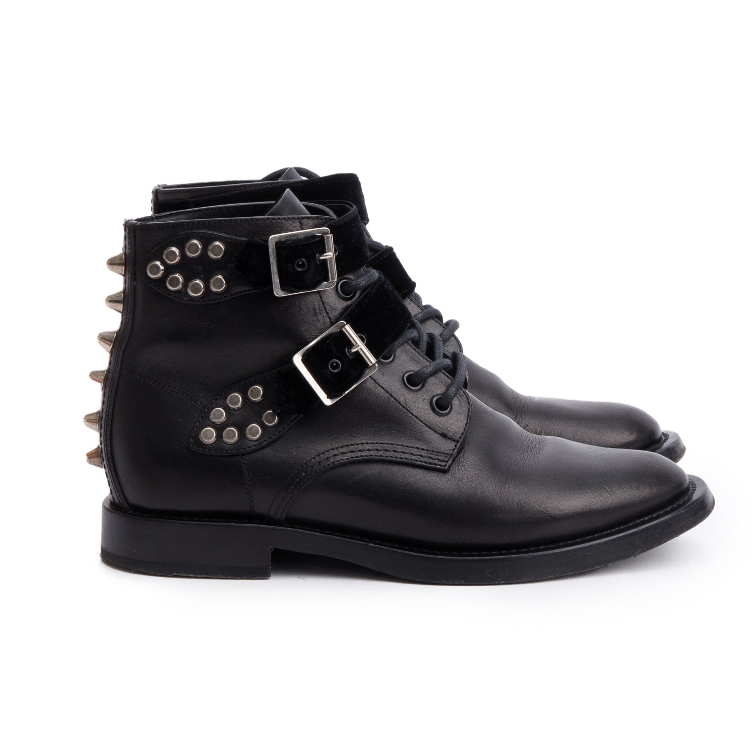 Saint Laurent Black Leather Studded Combat Ankle Boots, Size 37.5