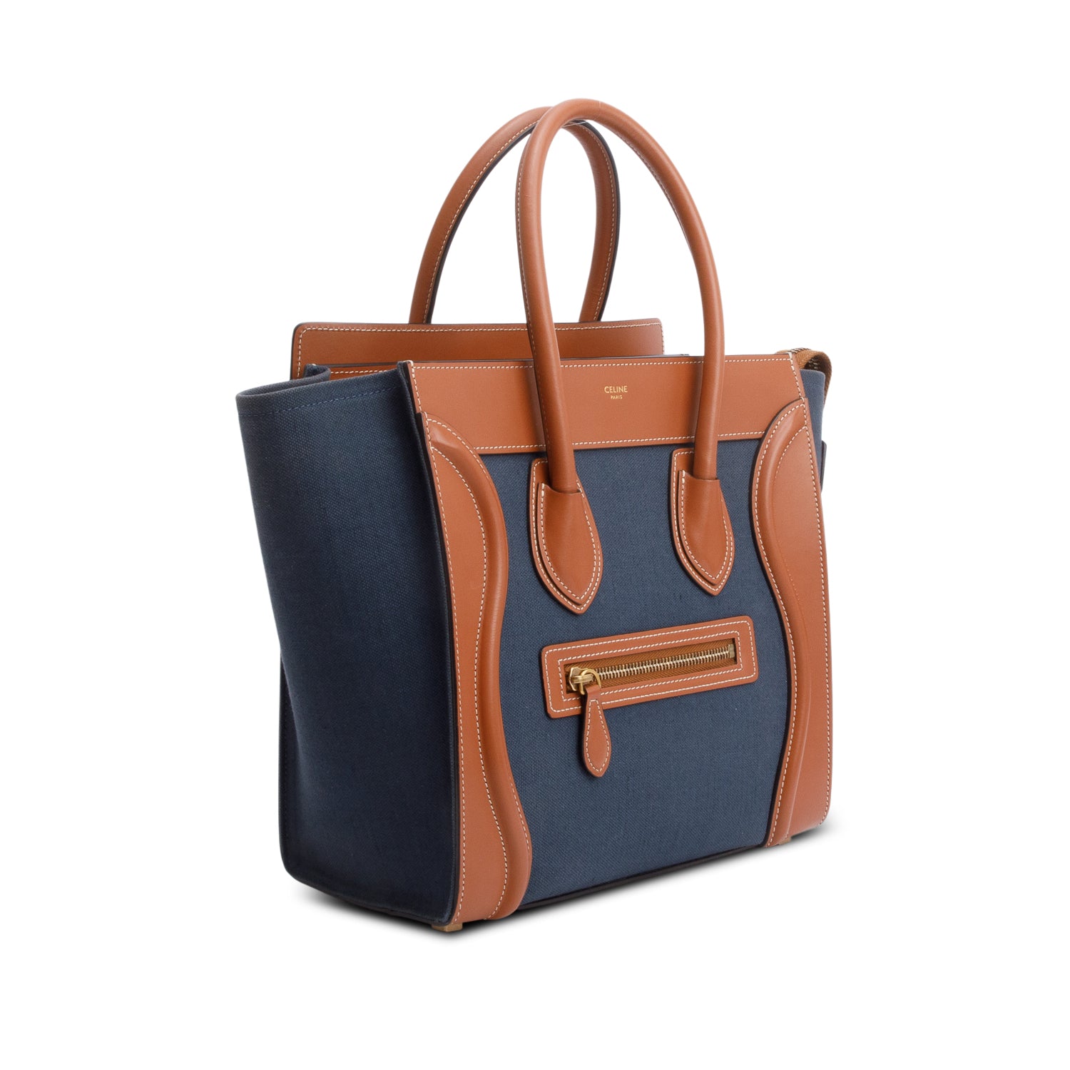 Celine 2020 Tan & Navy Bi-color Calfskin Leather Canvas Micro Luggage Tote