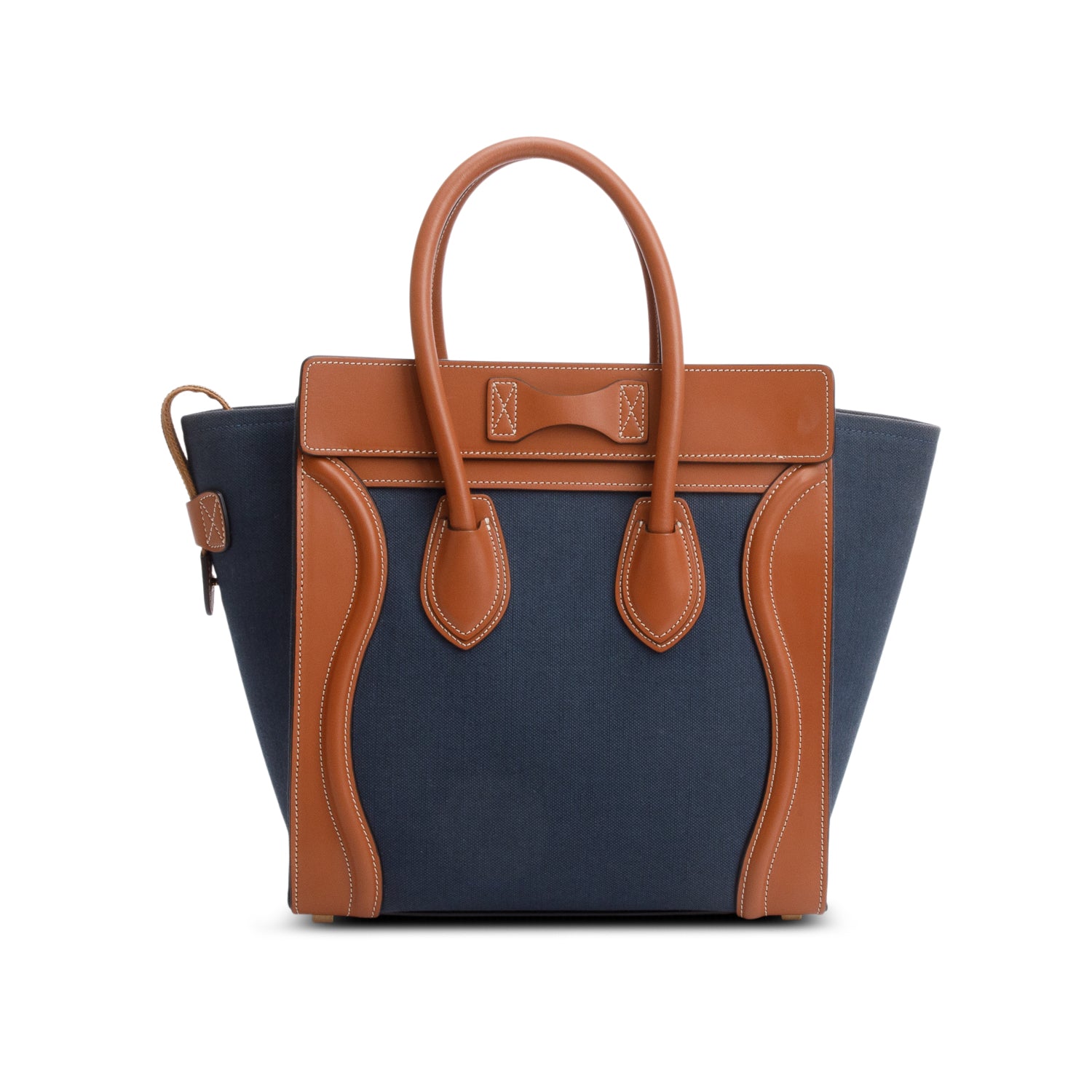 Celine 2020 Tan & Navy Bi-color Calfskin Leather Canvas Micro Luggage Tote