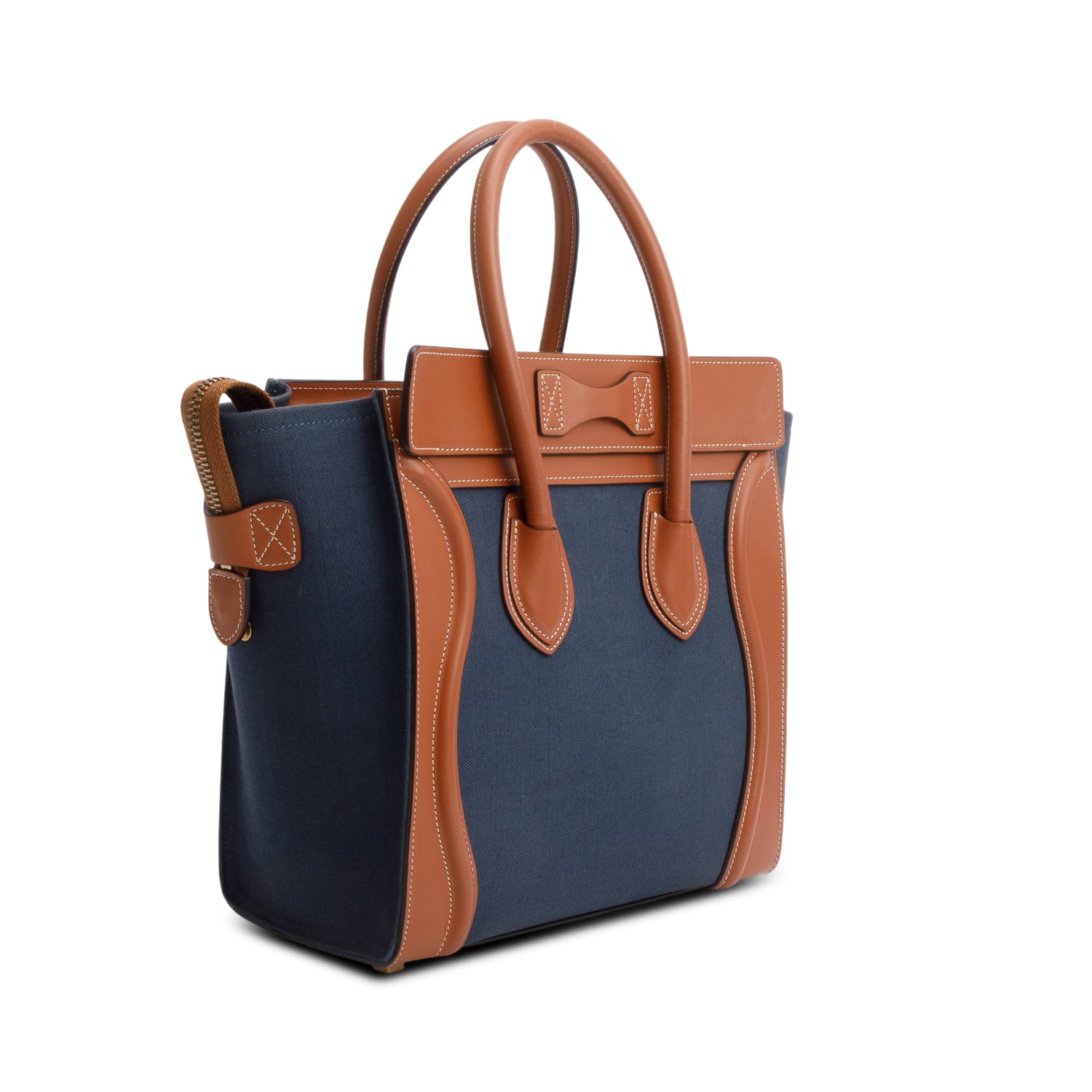 Celine 2020 Tan & Navy Bi-color Calfskin Leather Canvas Micro Luggage Tote