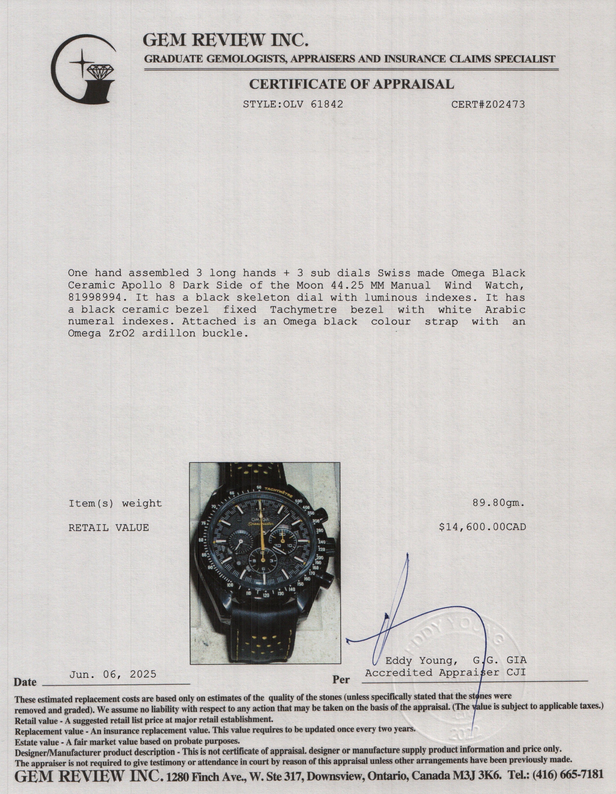 Omega 2024 Black Ceramic Apollo 8 Dark Side of the Moon 44.25 MM Manual Wind Watch w/ Box & Papers
