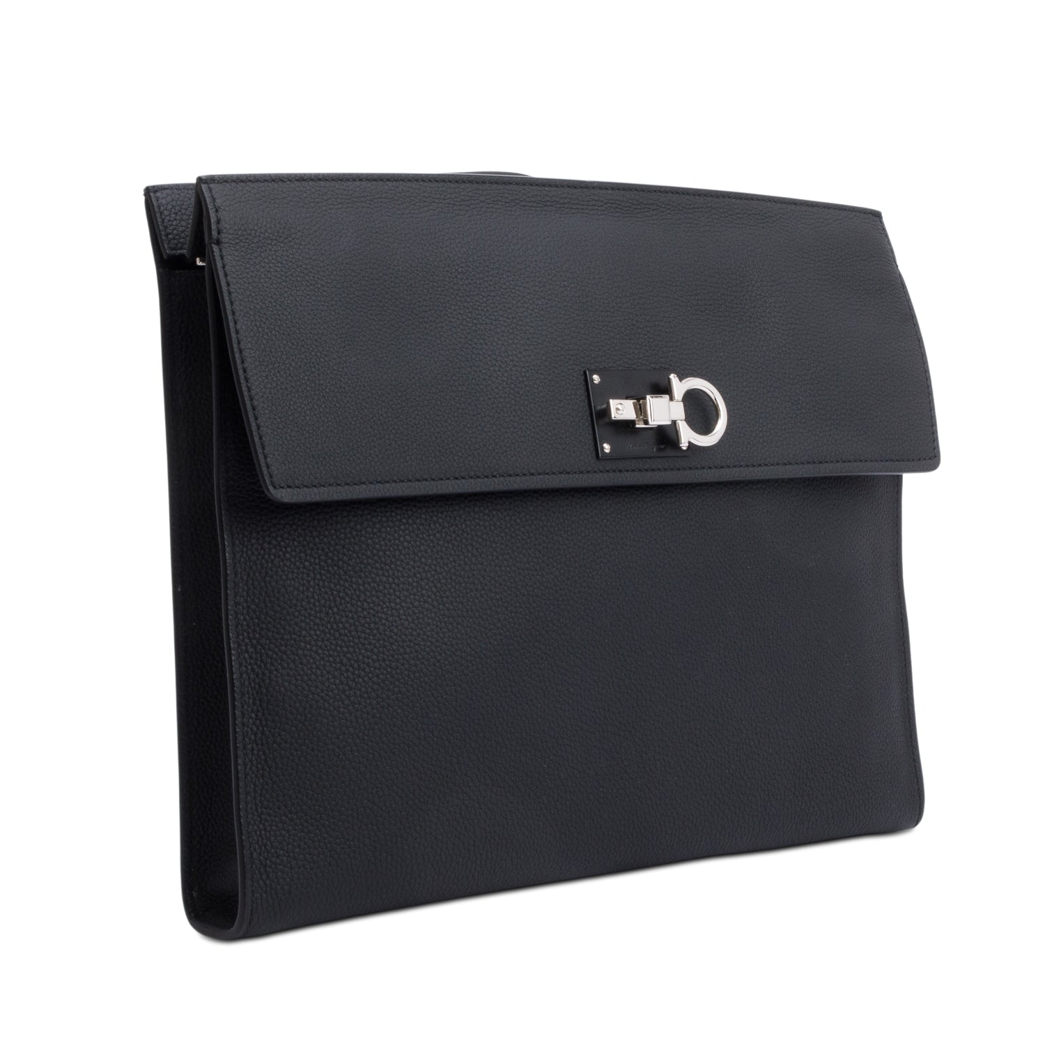 Ferragamo Black Leather Gancini The Studio Large Wristlet Pouch