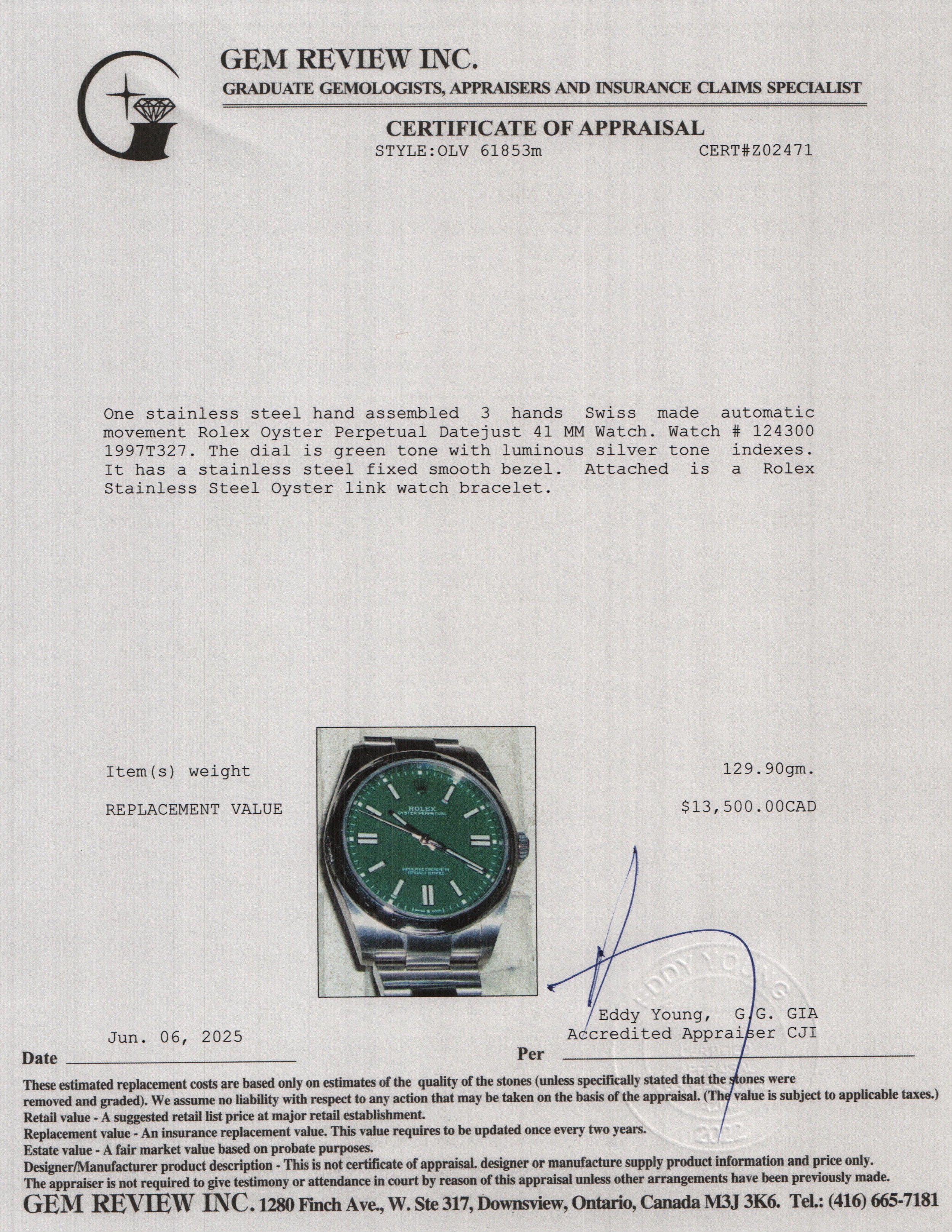 Rolex Stainless Steel Oyster Perpetual 41 MM Watch Green Dial 124300 w/ Box & Papers