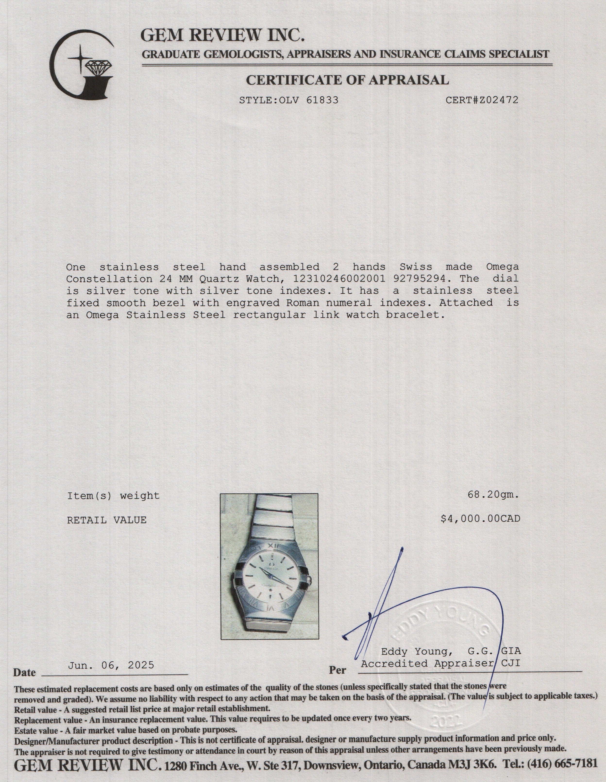 Omega Stainless Steel Constellation 24 MM Quartz Watch Silver Dial w/ Box & Papers