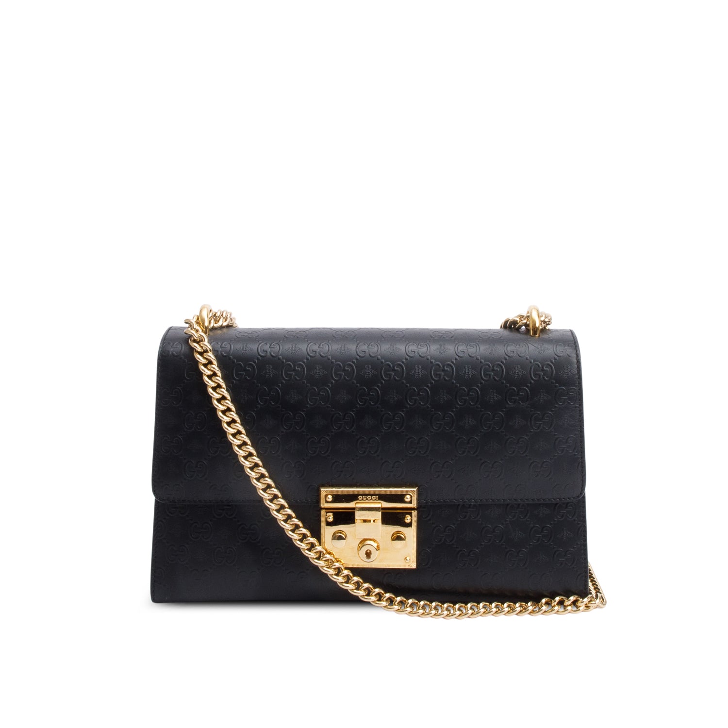 Gucci Black Embossed GG Bees Leather Medium Padlock Bag