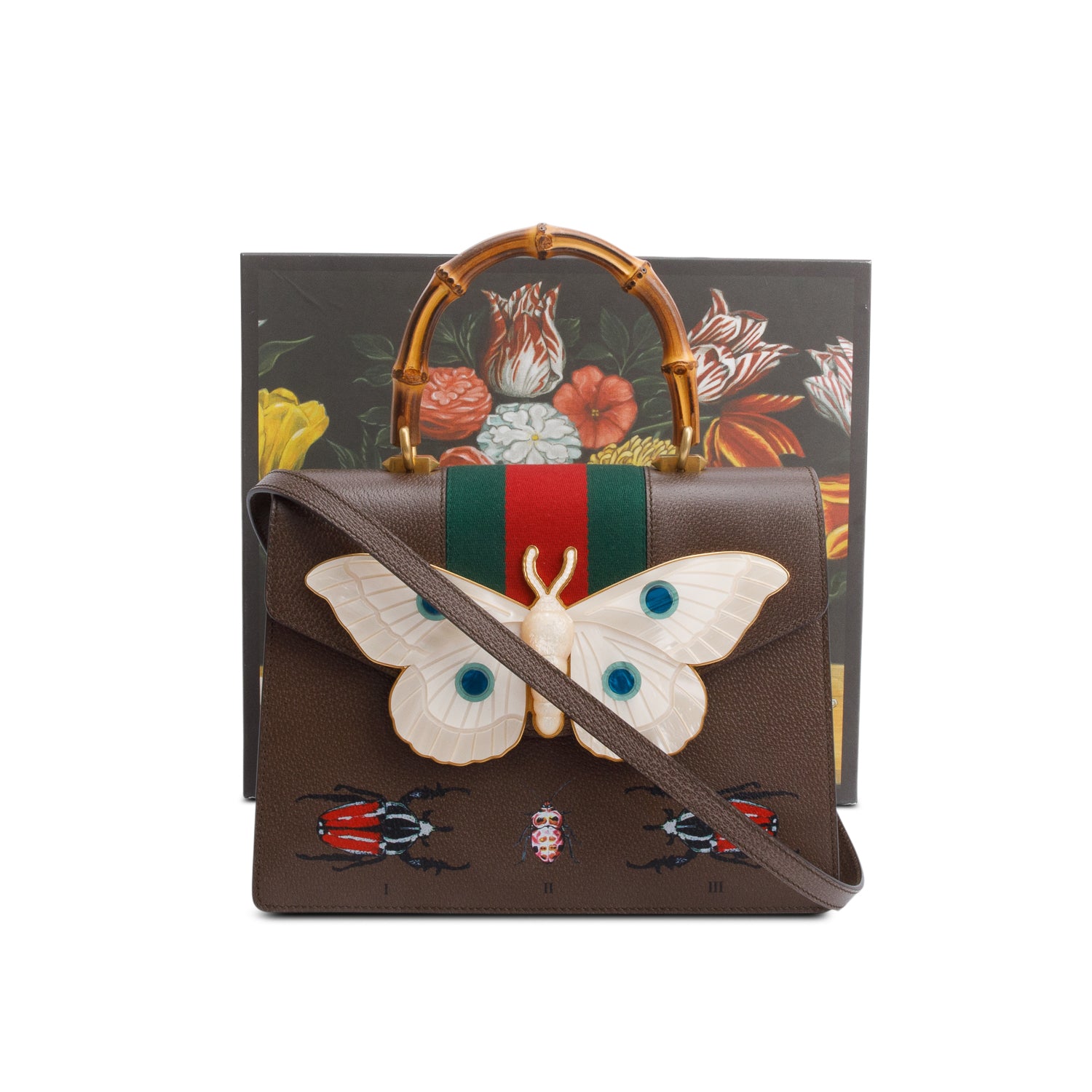 Gucci Brown Leather Mother of Pearl Felena Bamboo Medium Top Handle Bag w/ Strap & Box