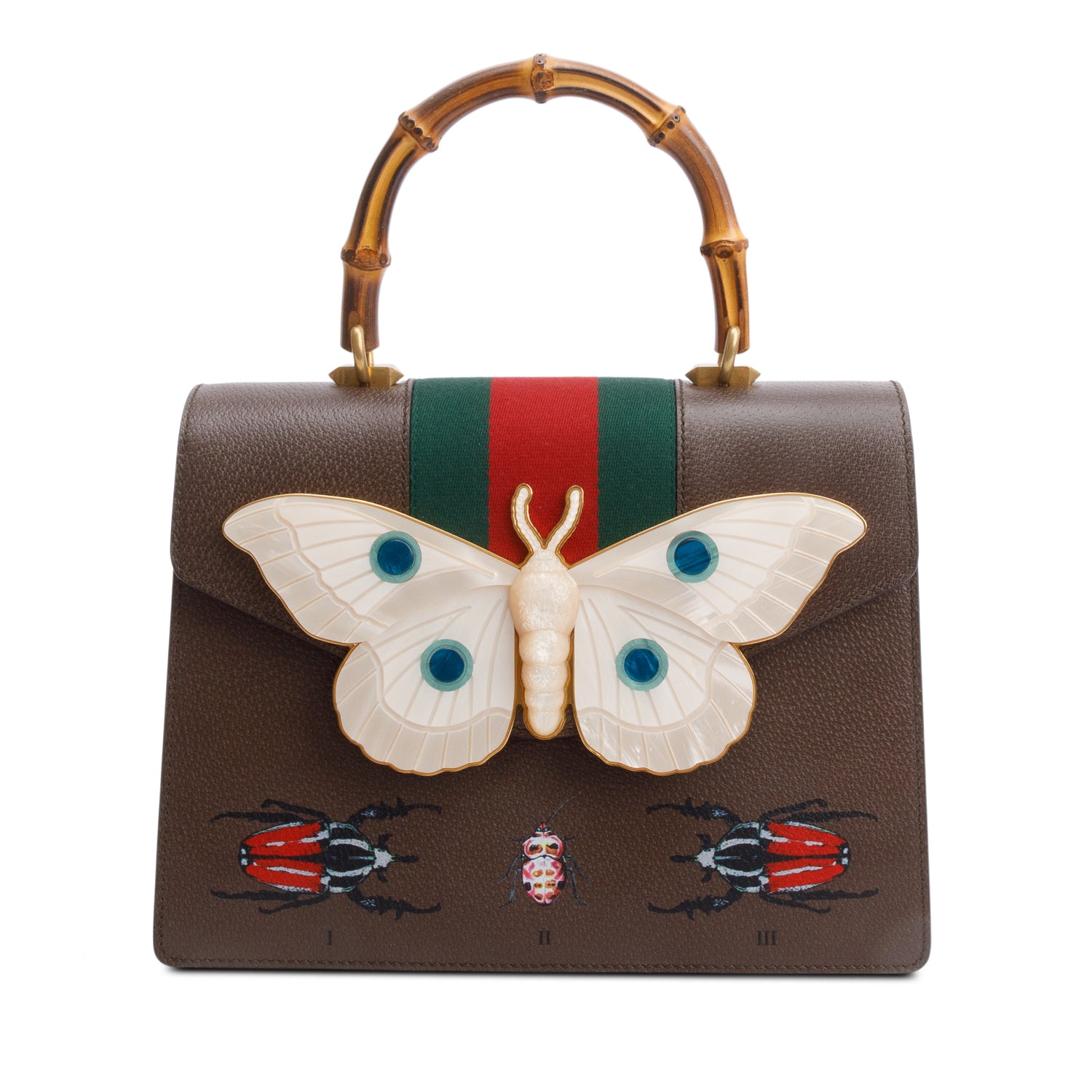 Gucci Brown Leather Mother of Pearl Felena Bamboo Medium Top Handle Bag w/ Strap & Box