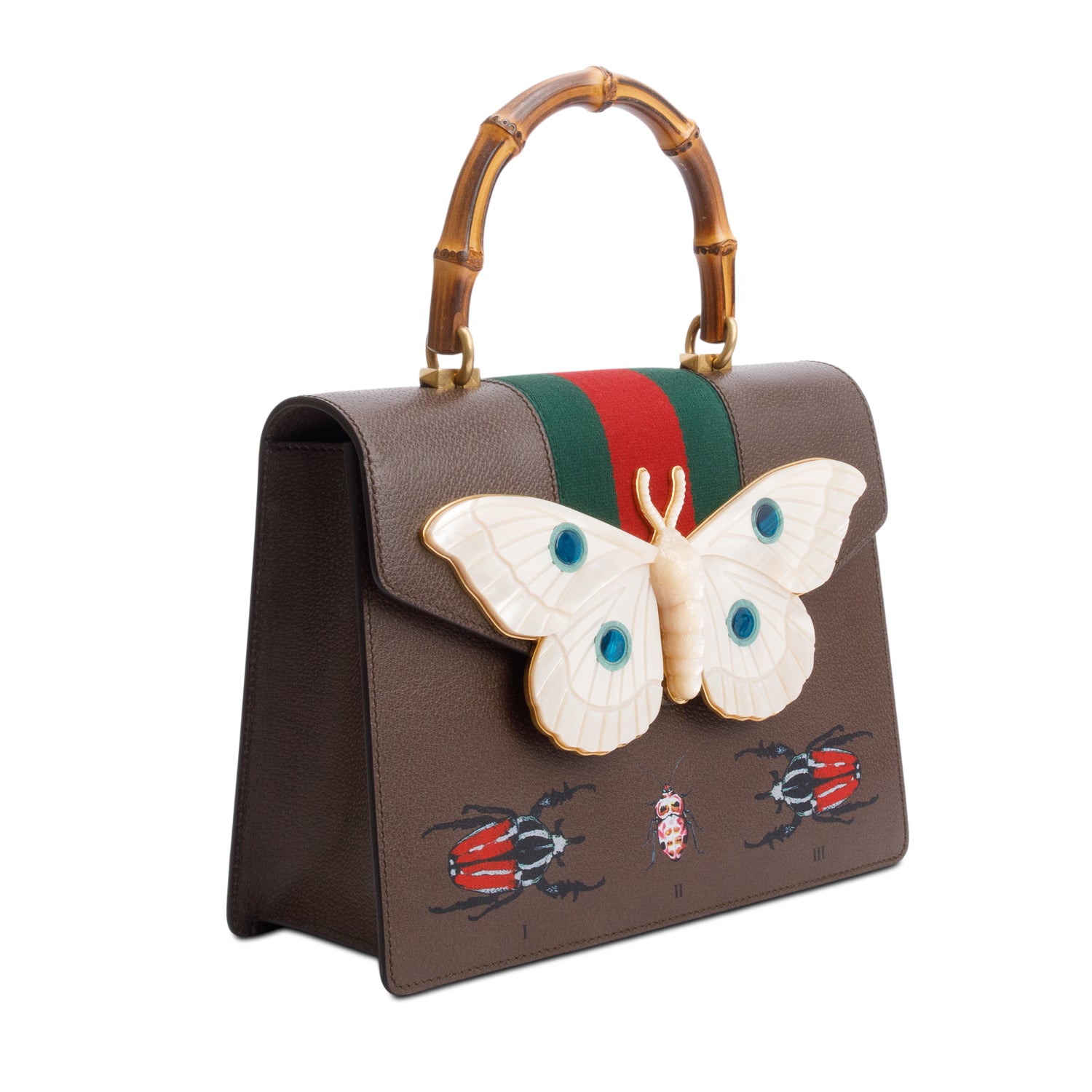 Gucci Brown Leather Mother of Pearl Felena Bamboo Medium Top Handle Bag w/ Strap & Box