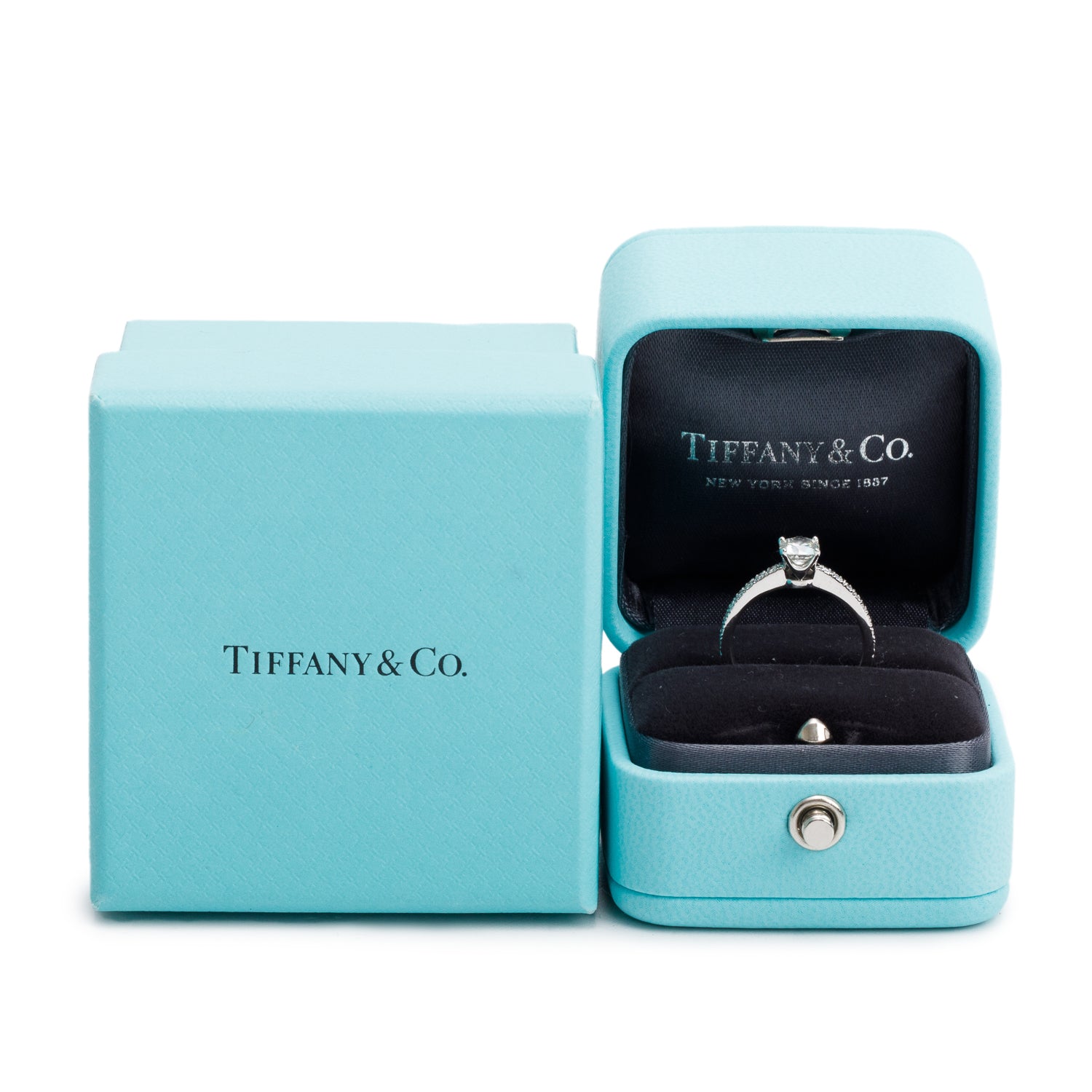 Tiffany & Co. Novo Platinum 0.48 ct. Square Cushion Brilliant Cut Diamond Engagement Ring, Size 4.5 w/ Box & Certification Paperwork