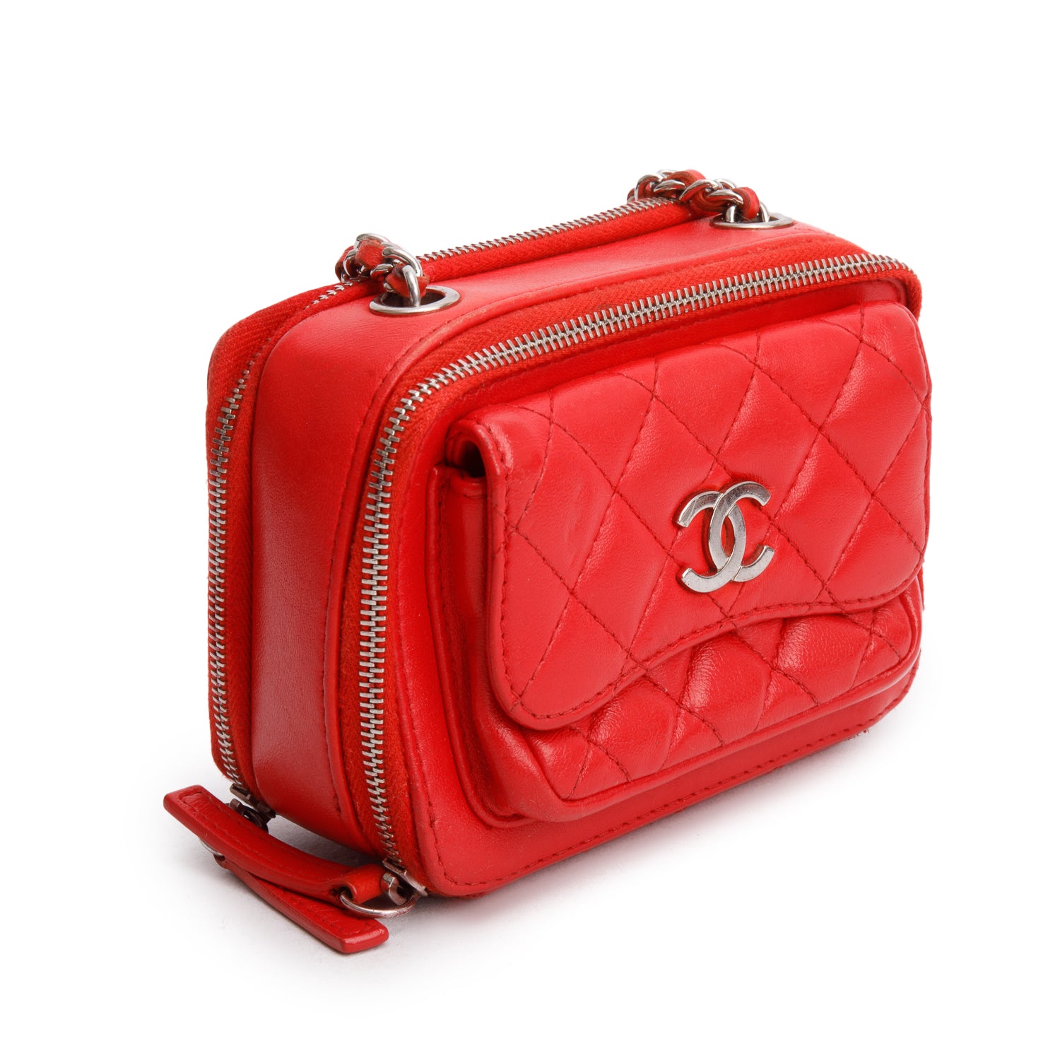 Chanel Red Quilted Lambskin Leather Pocket Box Camera Bag
