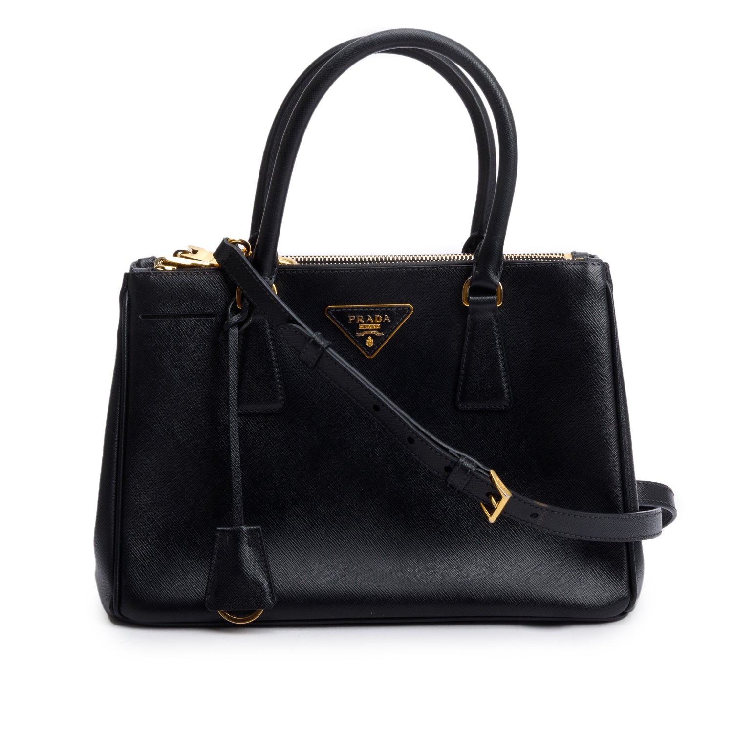 Prada Black Saffiano Leather Small Double Zip Galleria Tote w/ Strap, Box & Authentiity Card