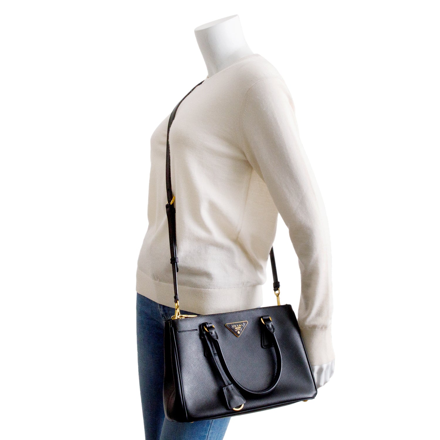 Prada Black Saffiano Leather Small Double Zip Galleria Tote w/ Strap, Box & Authentiity Card