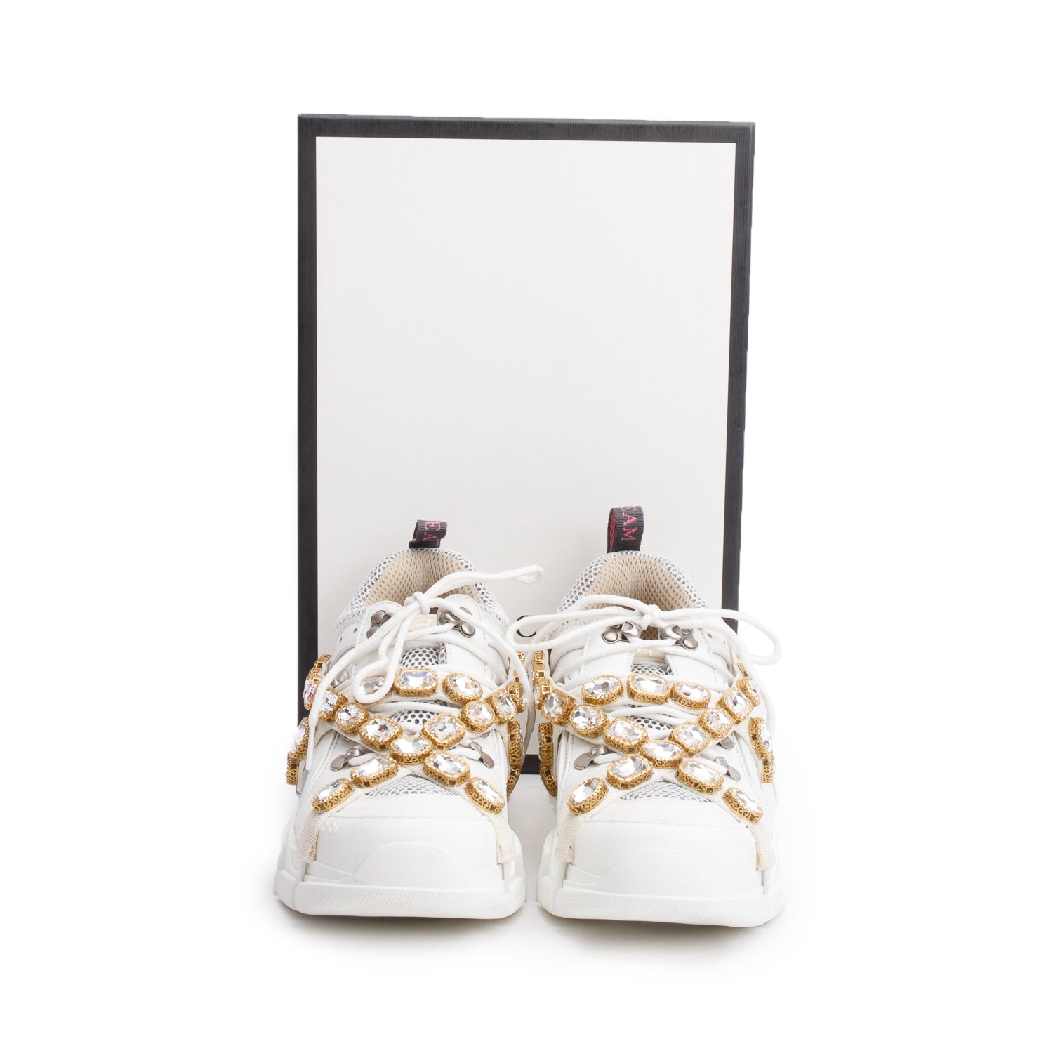 Gucci White Leather Crystal Flashtrek Chunky Sneakers, Size 40 w/ Box