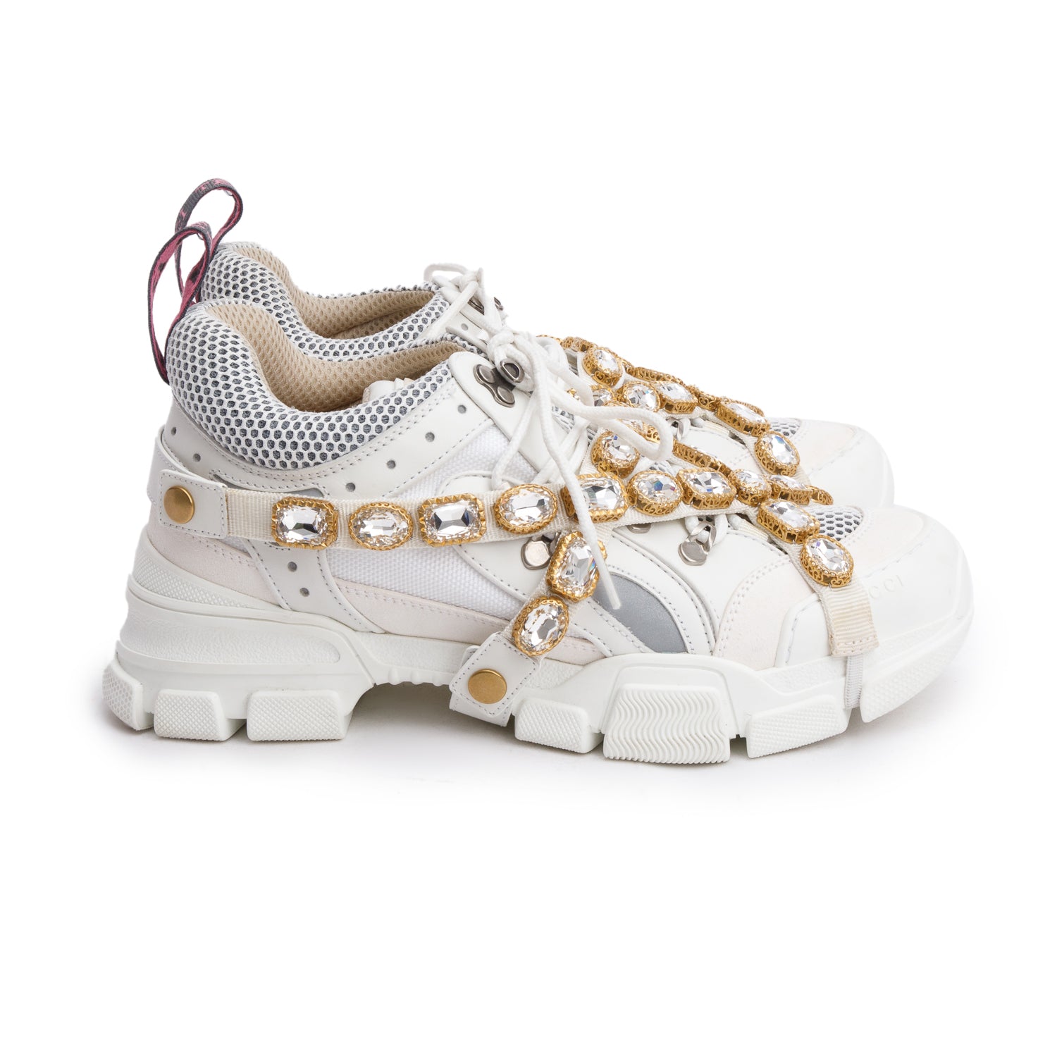 Gucci White Leather Crystal Flashtrek Chunky Sneakers, Size 40 w/ Box