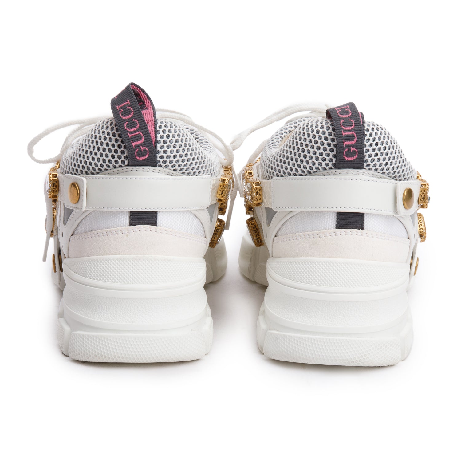Gucci White Leather Crystal Flashtrek Chunky Sneakers, Size 40 w