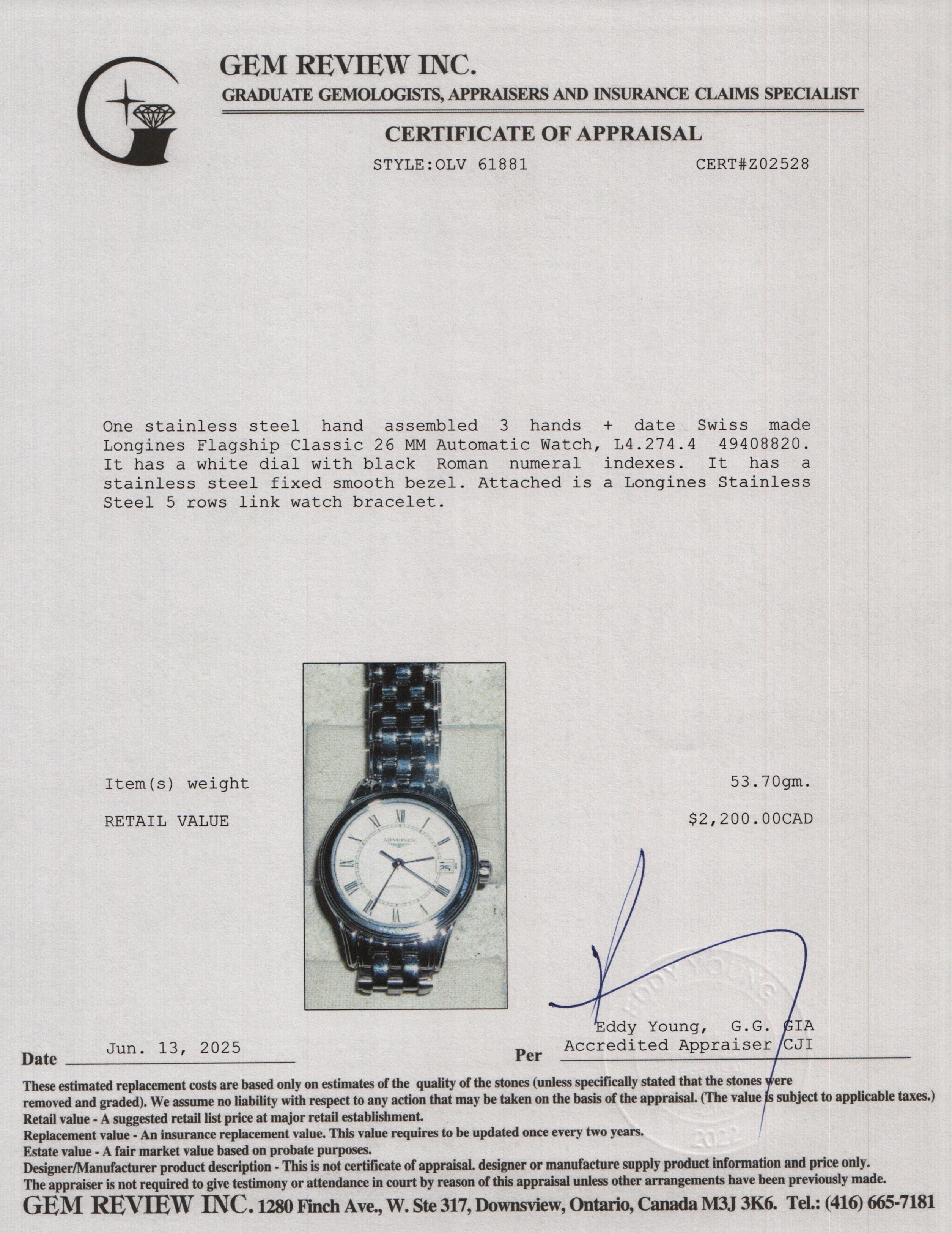 Longines Stainless Steel Flagship Classic 26 MM Automatic Watch White Dial w/ Box