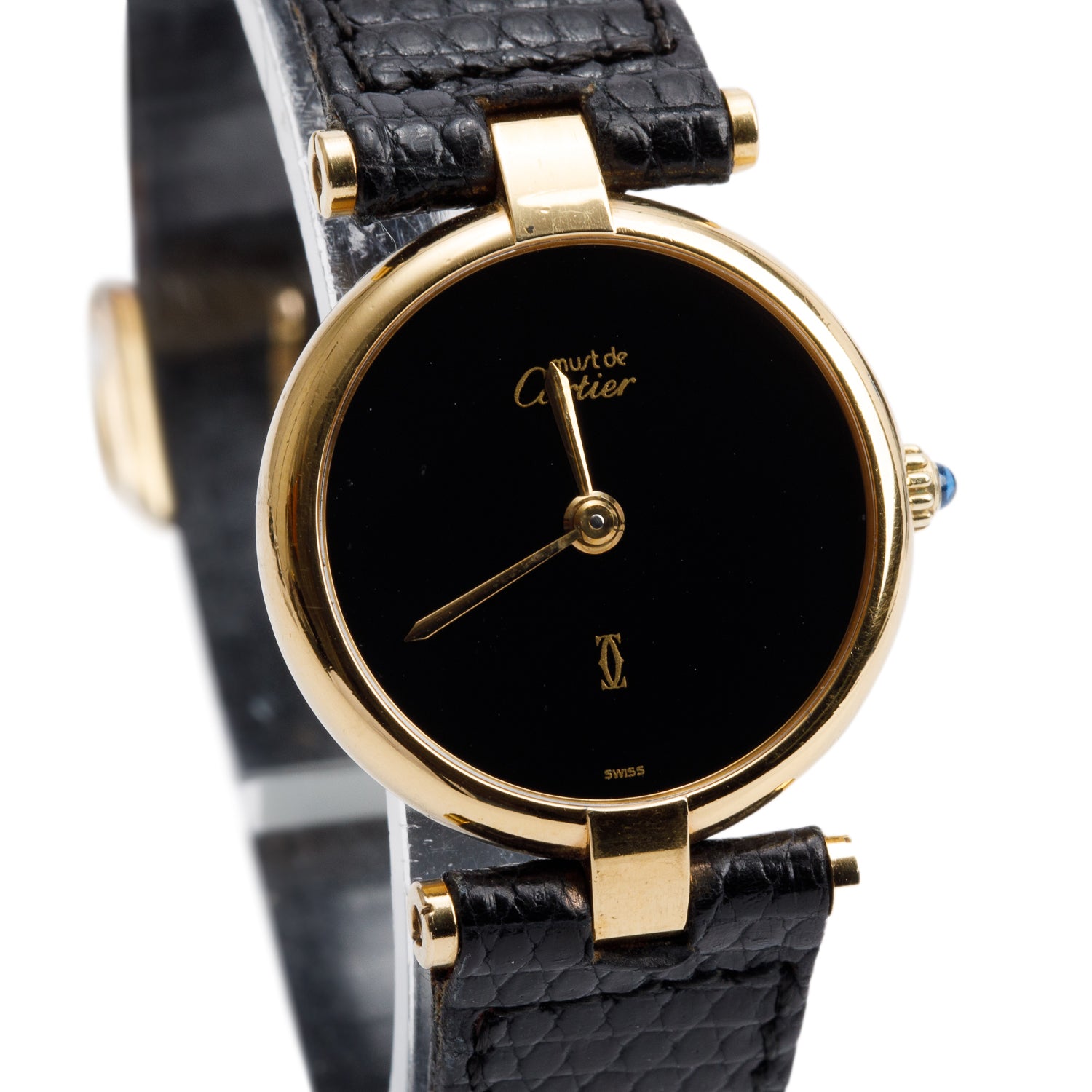 Cartier Vintage 18k Gold Vermeil Sterling Silver Argent Must Vendome Louis Cartier 24 MM Quartz Watch Black Dial w/ Papers