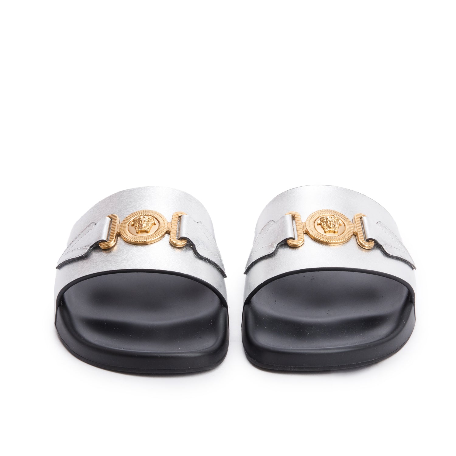 Versace Metallic Silver Leather Black Rubber Palazzo Pool Slides, Men's Size 41 w/ Box & Authenticity Card