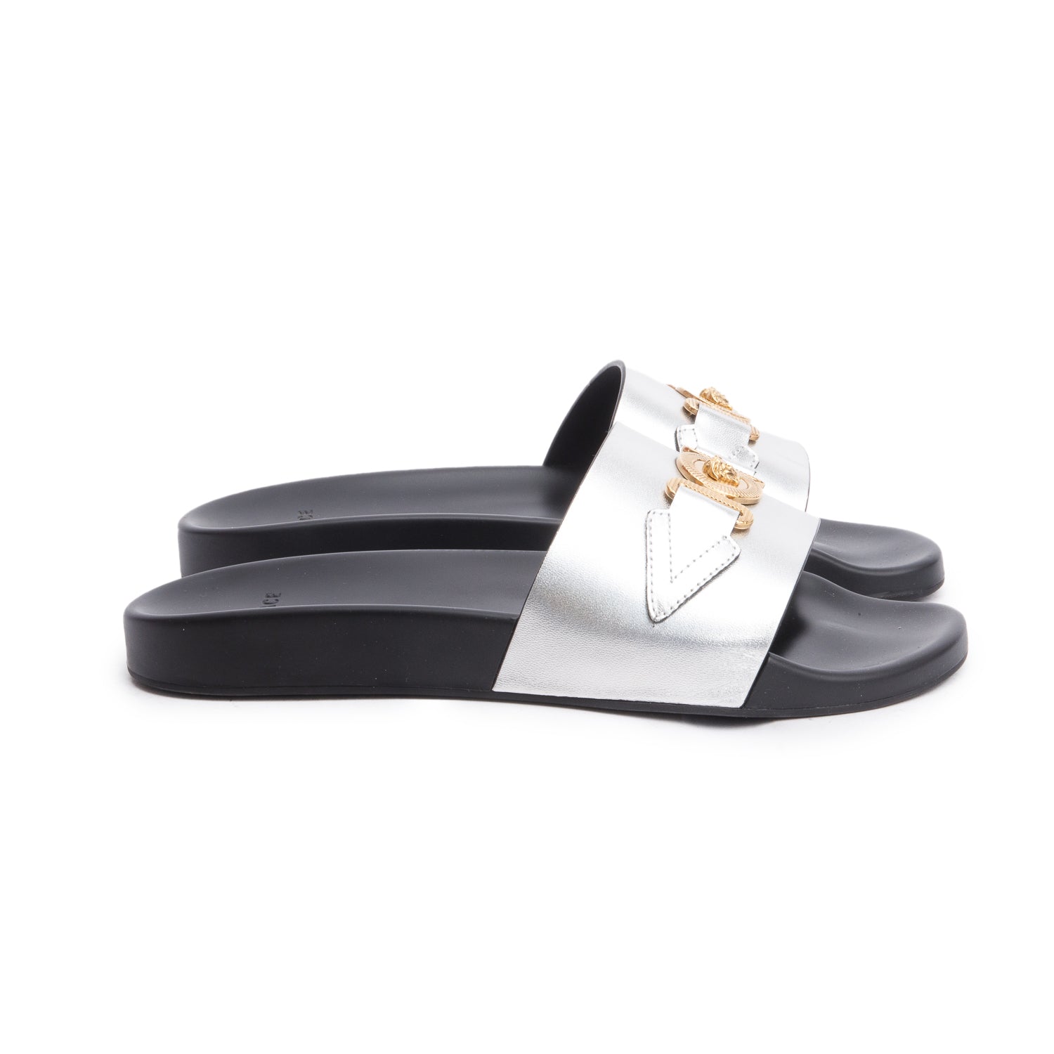 Versace Metallic Silver Leather Black Rubber Palazzo Pool Slides, Men's Size 41 w/ Box & Authenticity Card