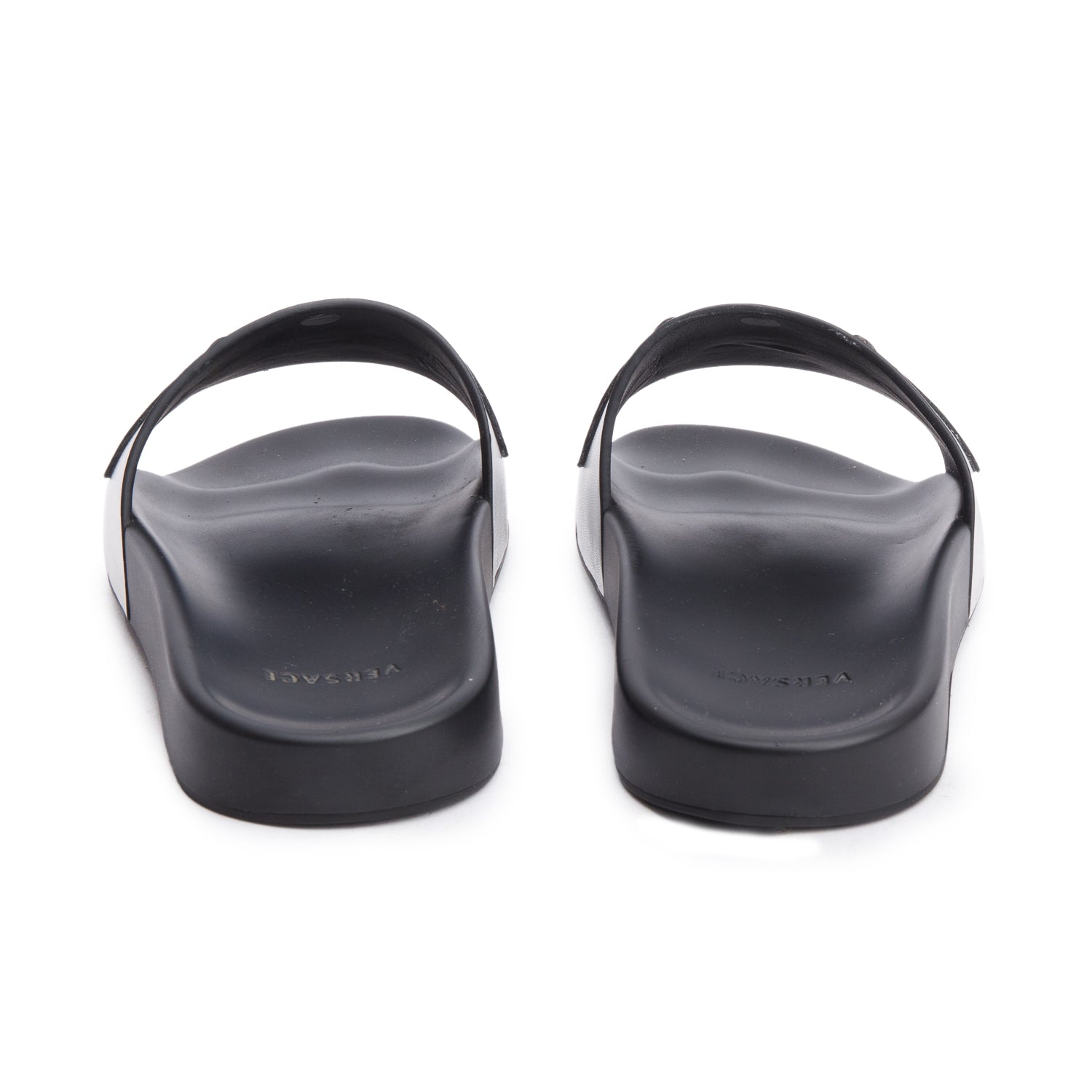 Versace Metallic Silver Leather Black Rubber Palazzo Pool Slides, Men's Size 41 w/ Box & Authenticity Card