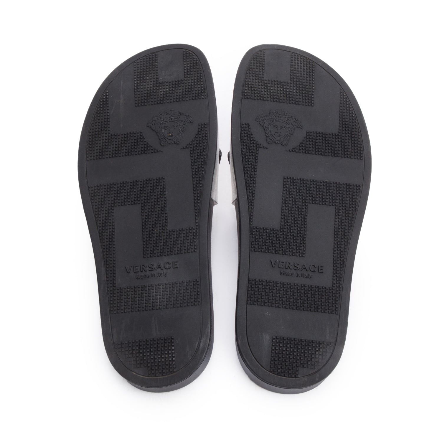Versace Metallic Silver Leather Black Rubber Palazzo Pool Slides, Men's Size 41 w/ Box & Authenticity Card