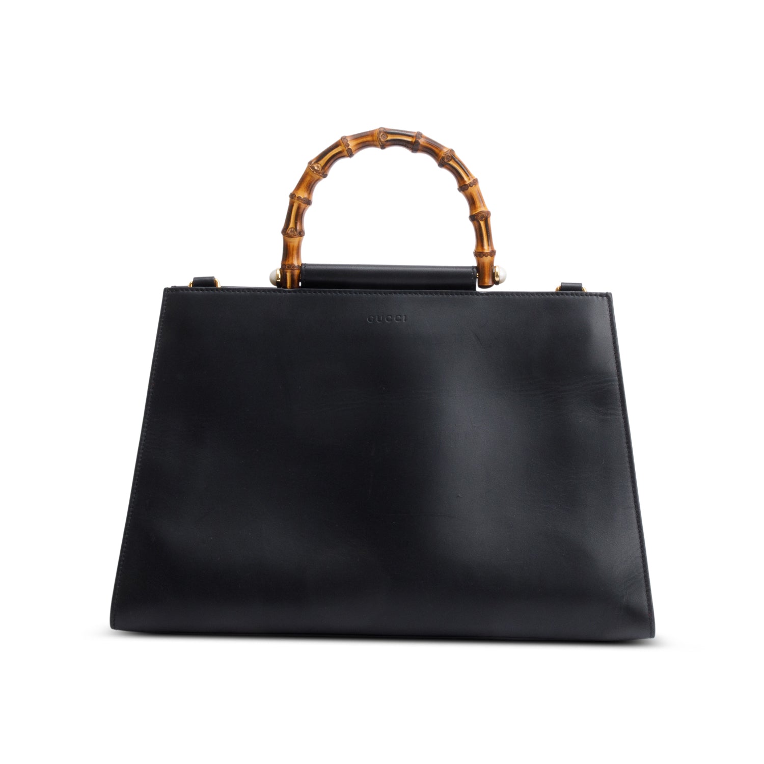 Gucci Black Leather Bamboo Large Nymphaea Handle Bag w/ Strap