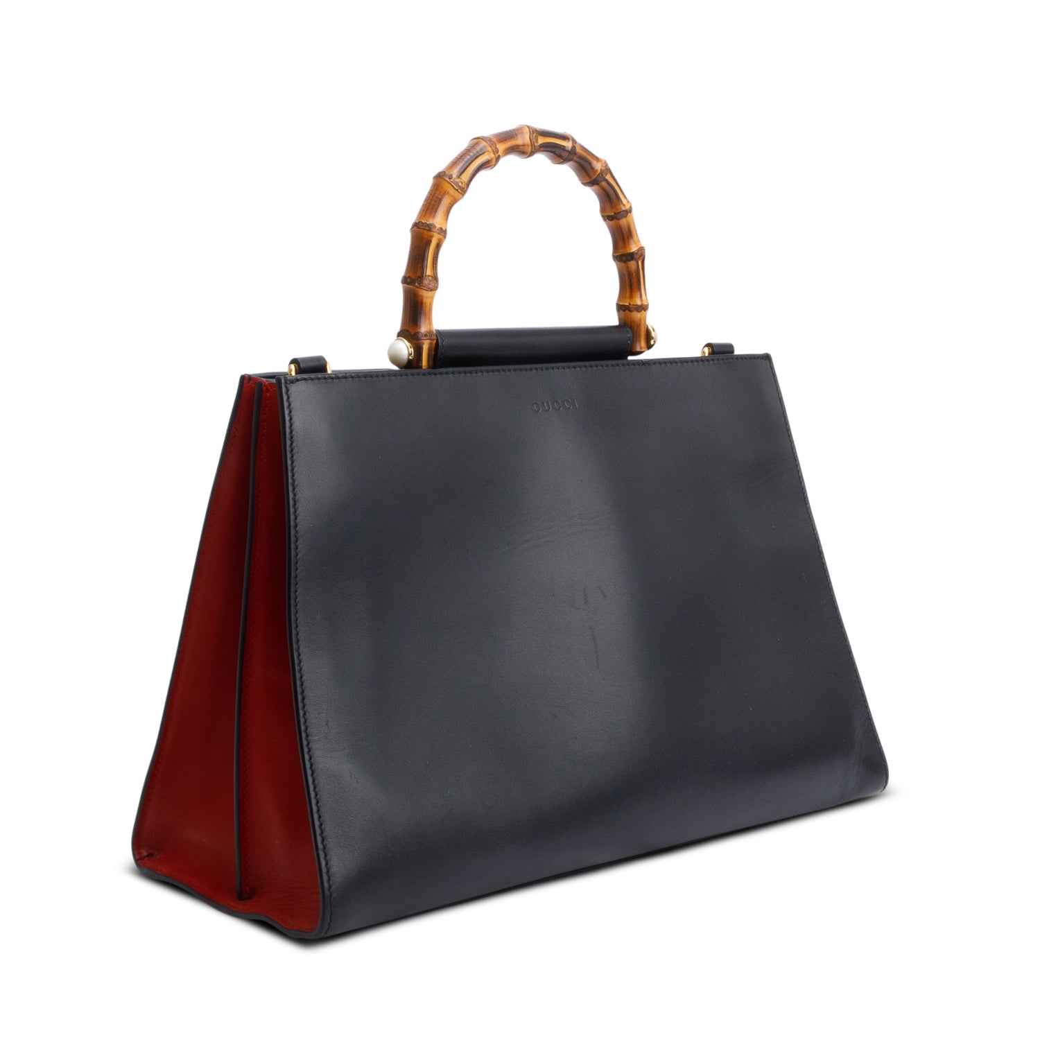 Gucci Black Leather Bamboo Large Nymphaea Handle Bag w/ Strap