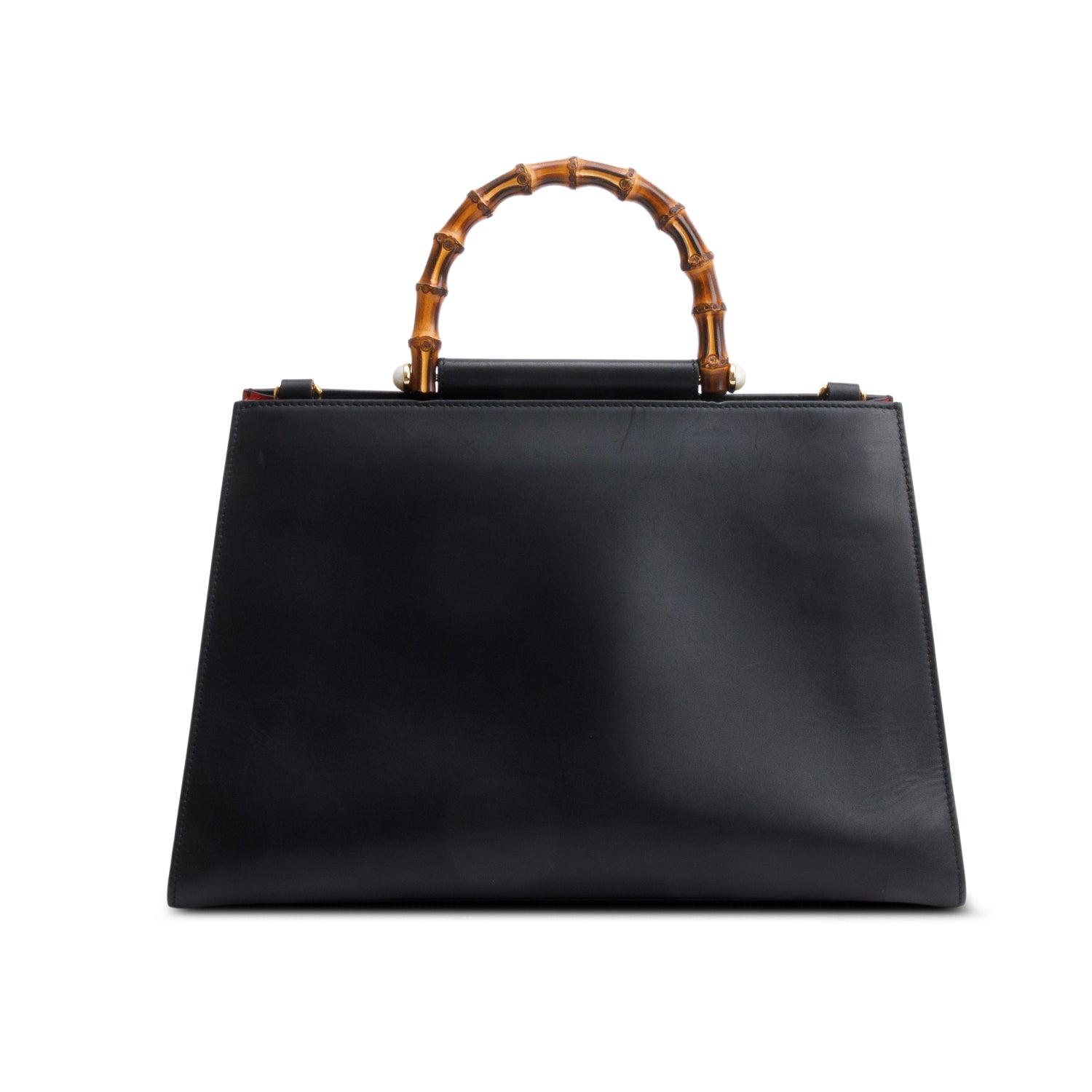 Gucci Black Leather Bamboo Large Nymphaea Handle Bag w/ Strap