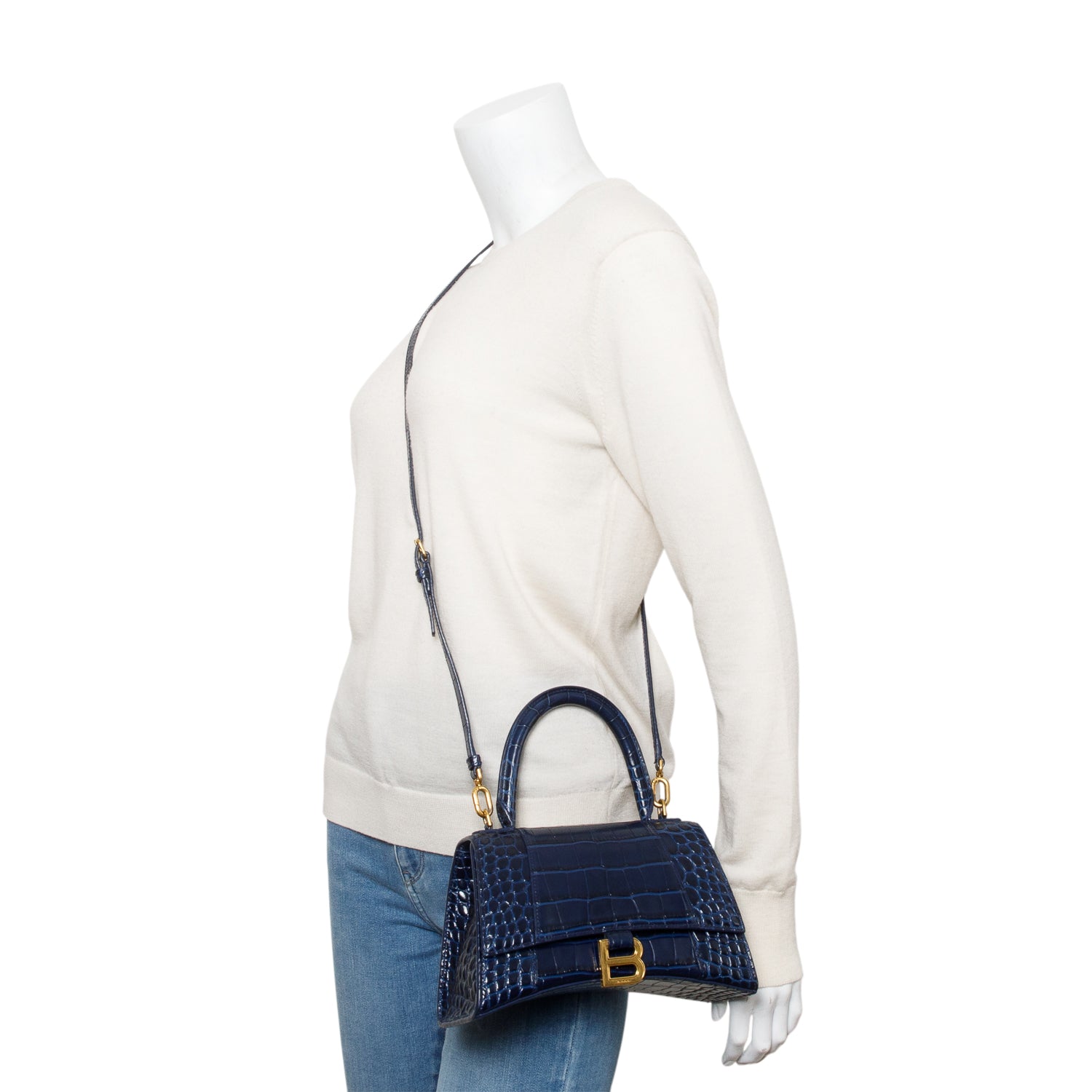 Balenciaga Blue Croc Embossed Leather Small Hourglass Top Handle Bag w/ Strap