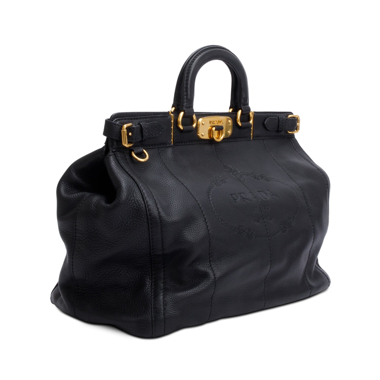 Prada Black Vitello Daino Leather Borsa Carniera Logo Frame Tote w/ Straps