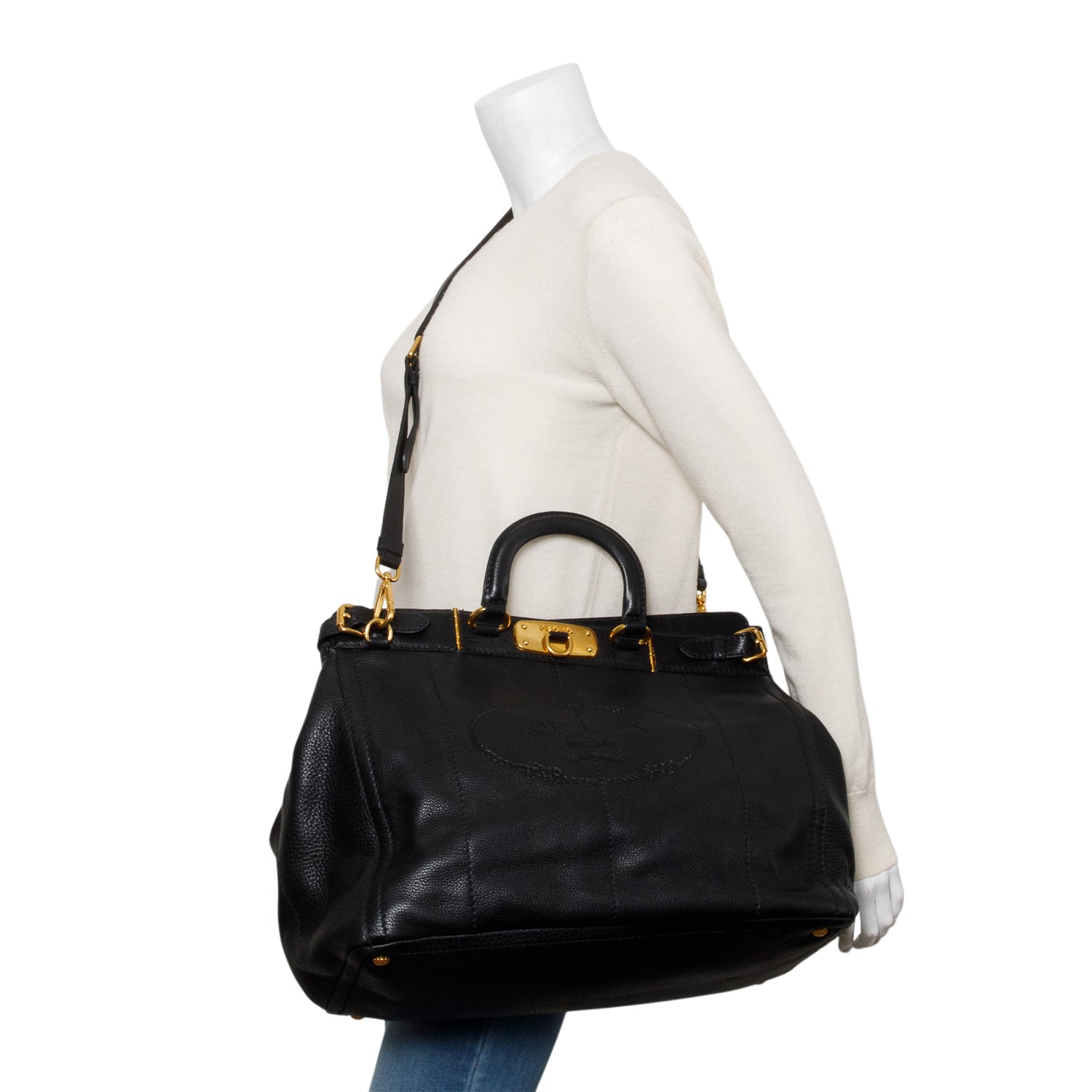 Prada Black Vitello Daino Leather Borsa Carniera Logo Frame Tote w/ Straps