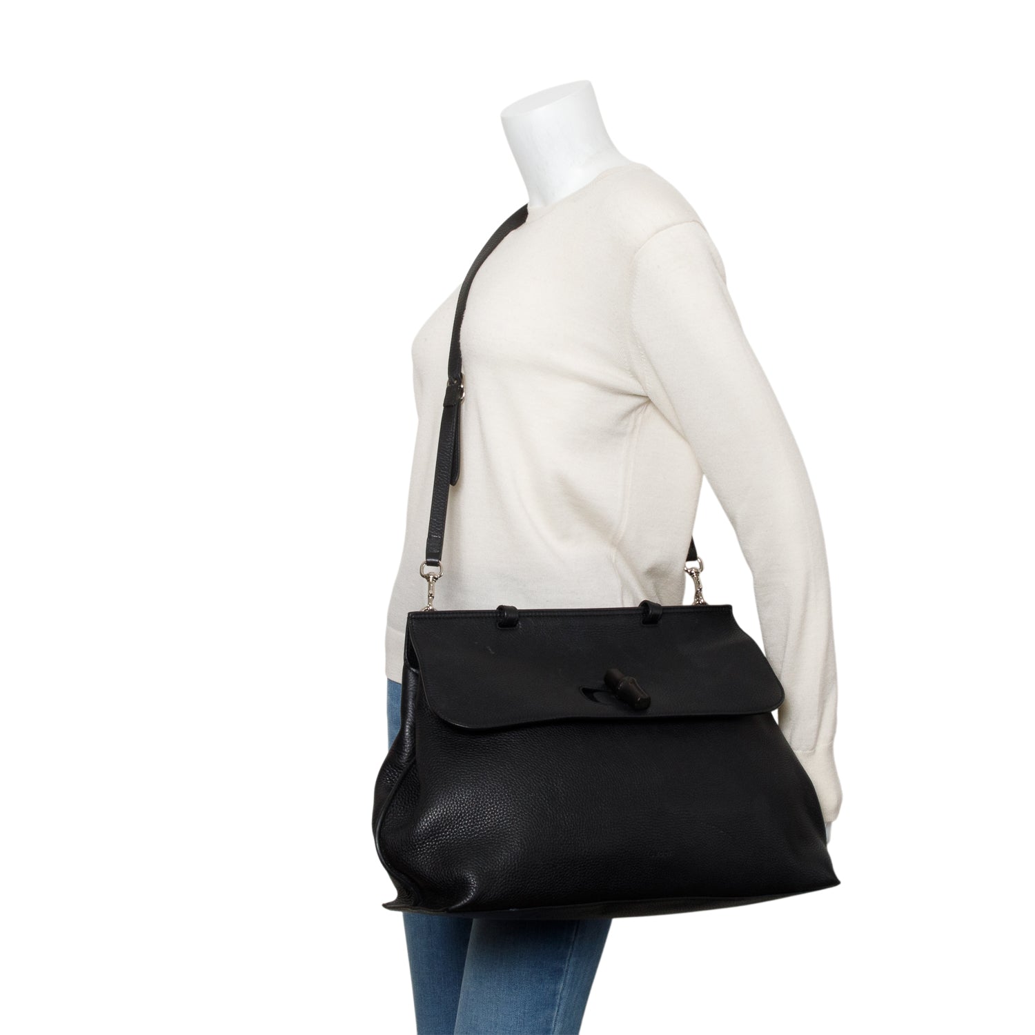 Gucci Black Calfskin Leather Large Bamboo Daily Top Handle Bag w/ Strap