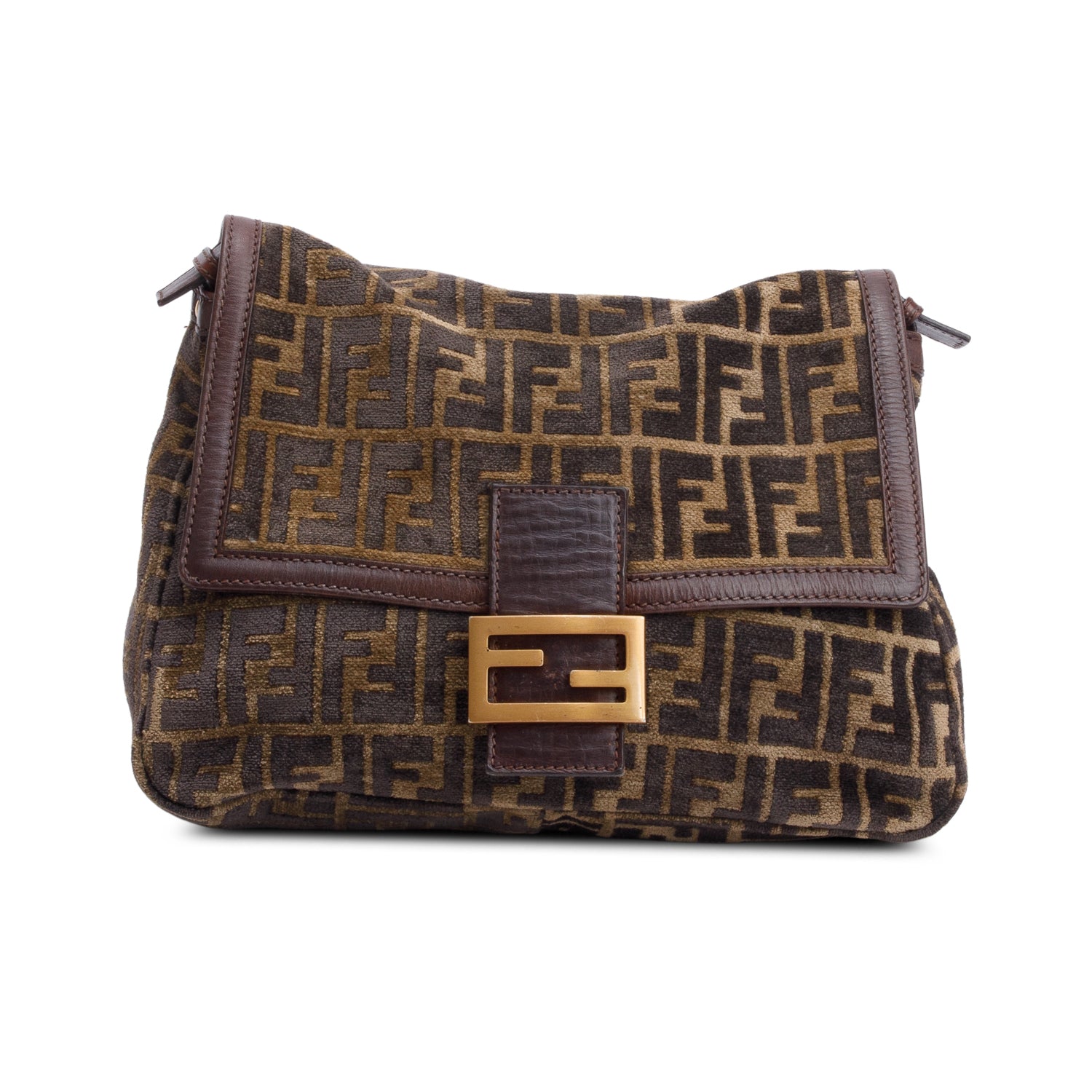 Fendi Brown FF Zucca Wool Brown Leather Trim Baguette Shoulder Bag