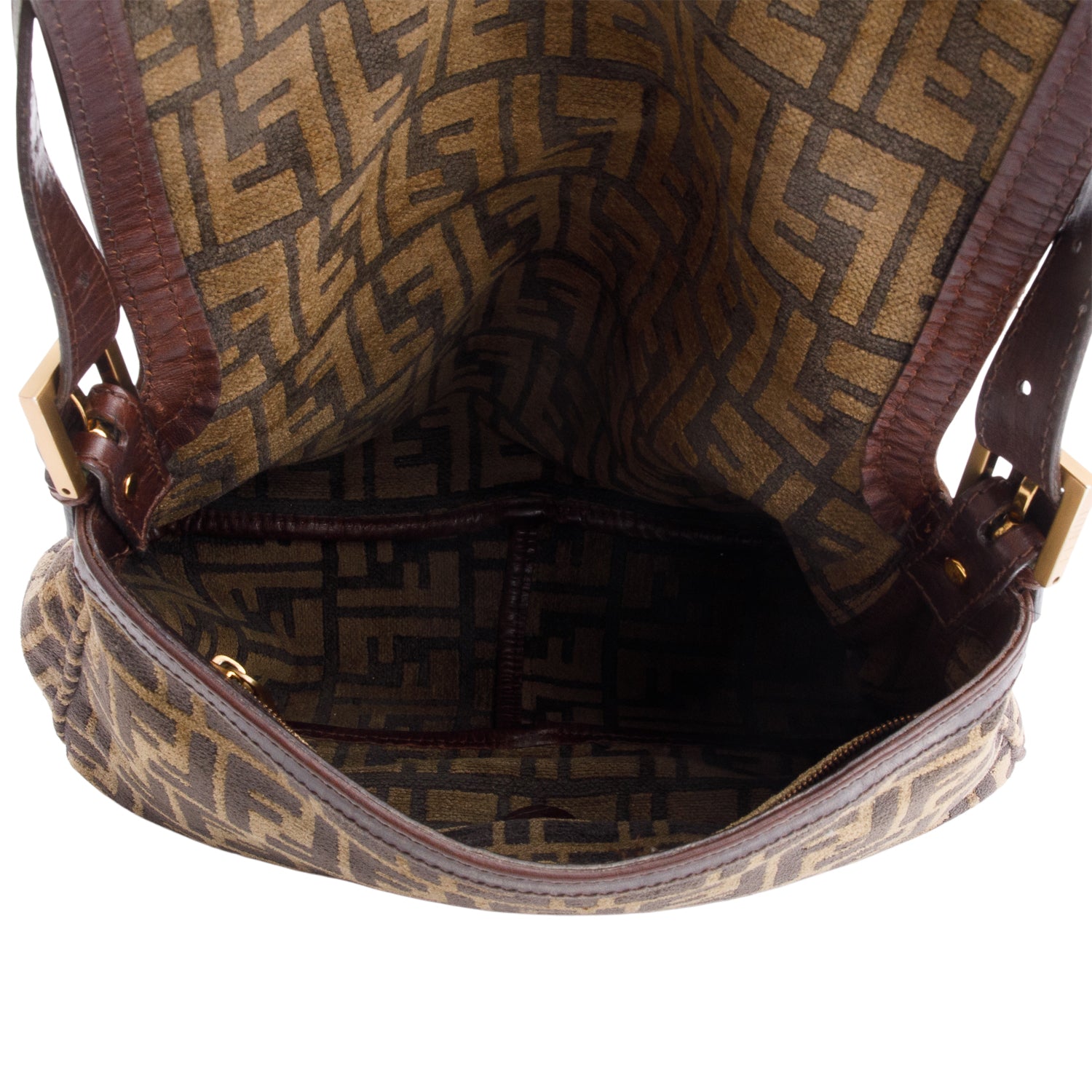 Fendi Brown FF Zucca Wool Brown Leather Trim Baguette Shoulder Bag