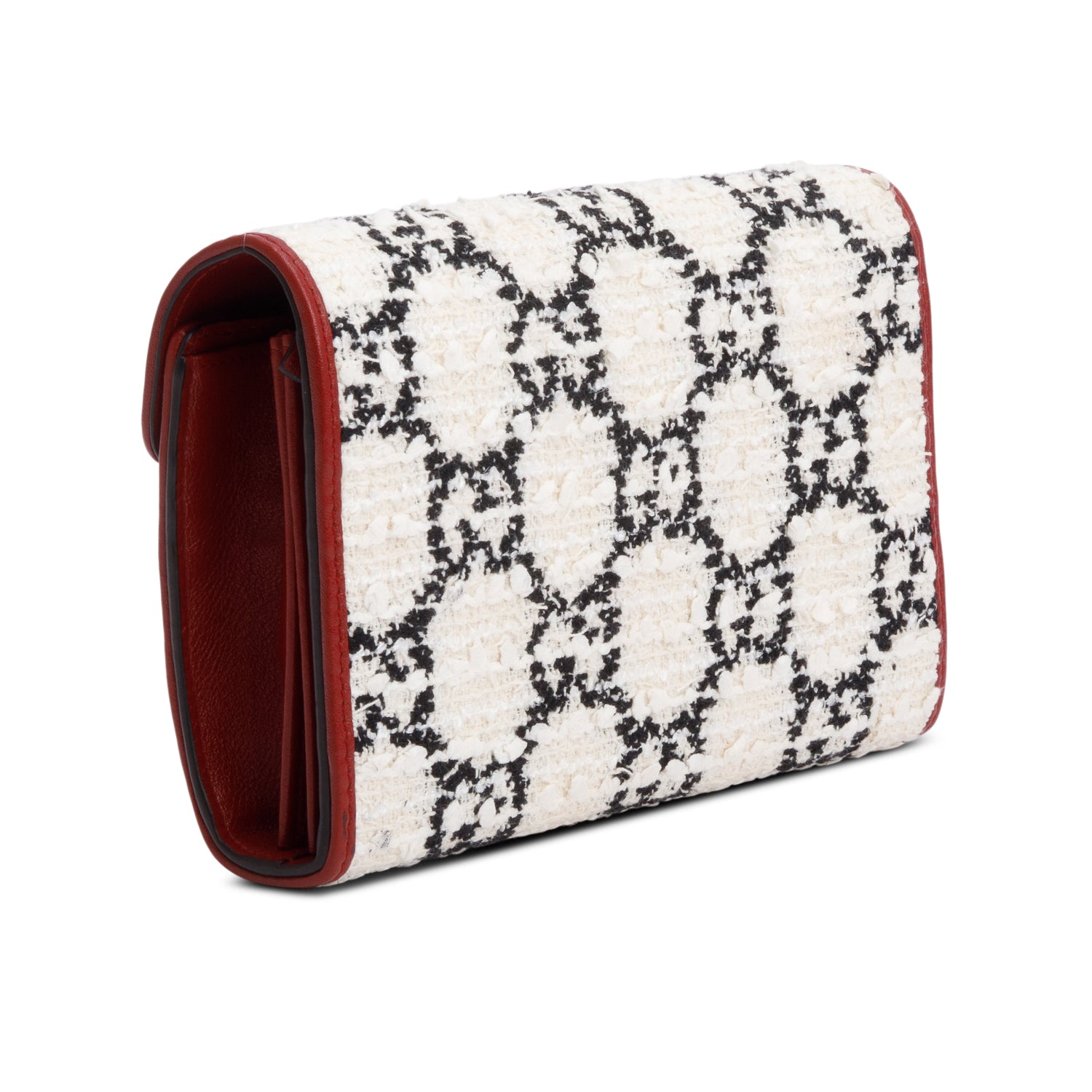 Gucci White/Blue GG Tweed Red Leather Trim Dionysus GG Supreme Wallet on Chain