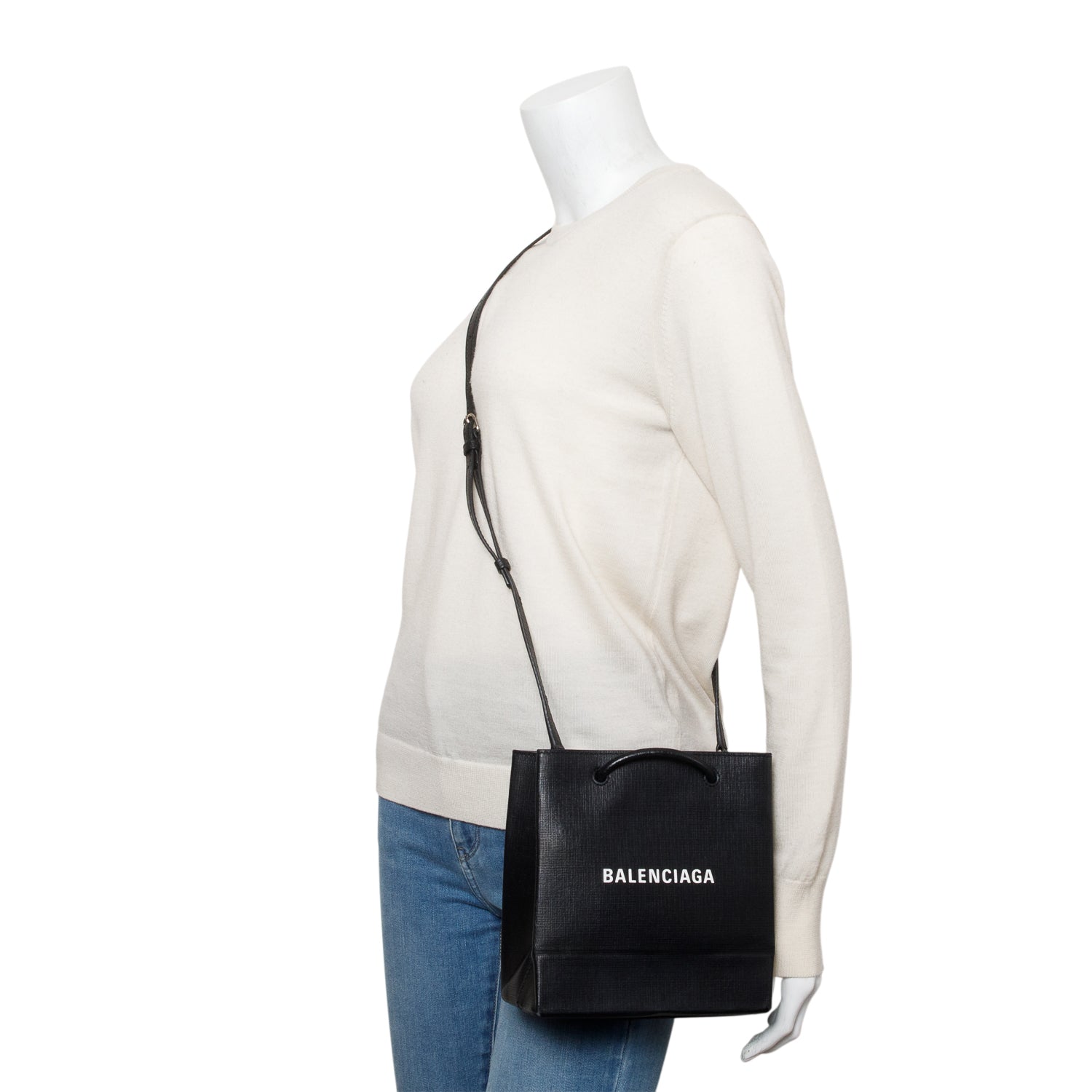 Balenciaga Black Calfskin Leather XXS Logo Leather Shopping Tote w/ Strap